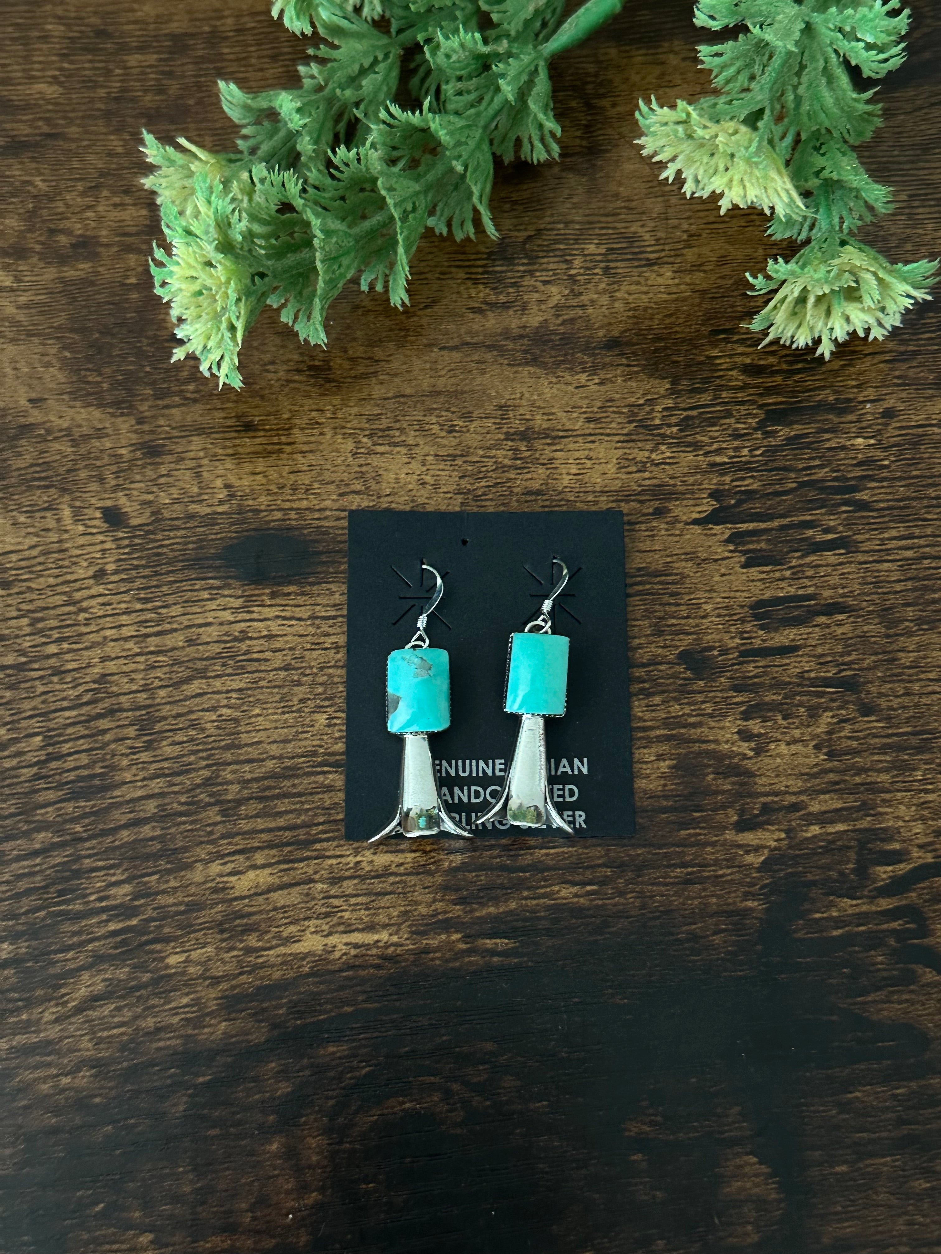 Navajo Made Kingman Turquoise & Sterling Silver Dangle Blossom Earrings