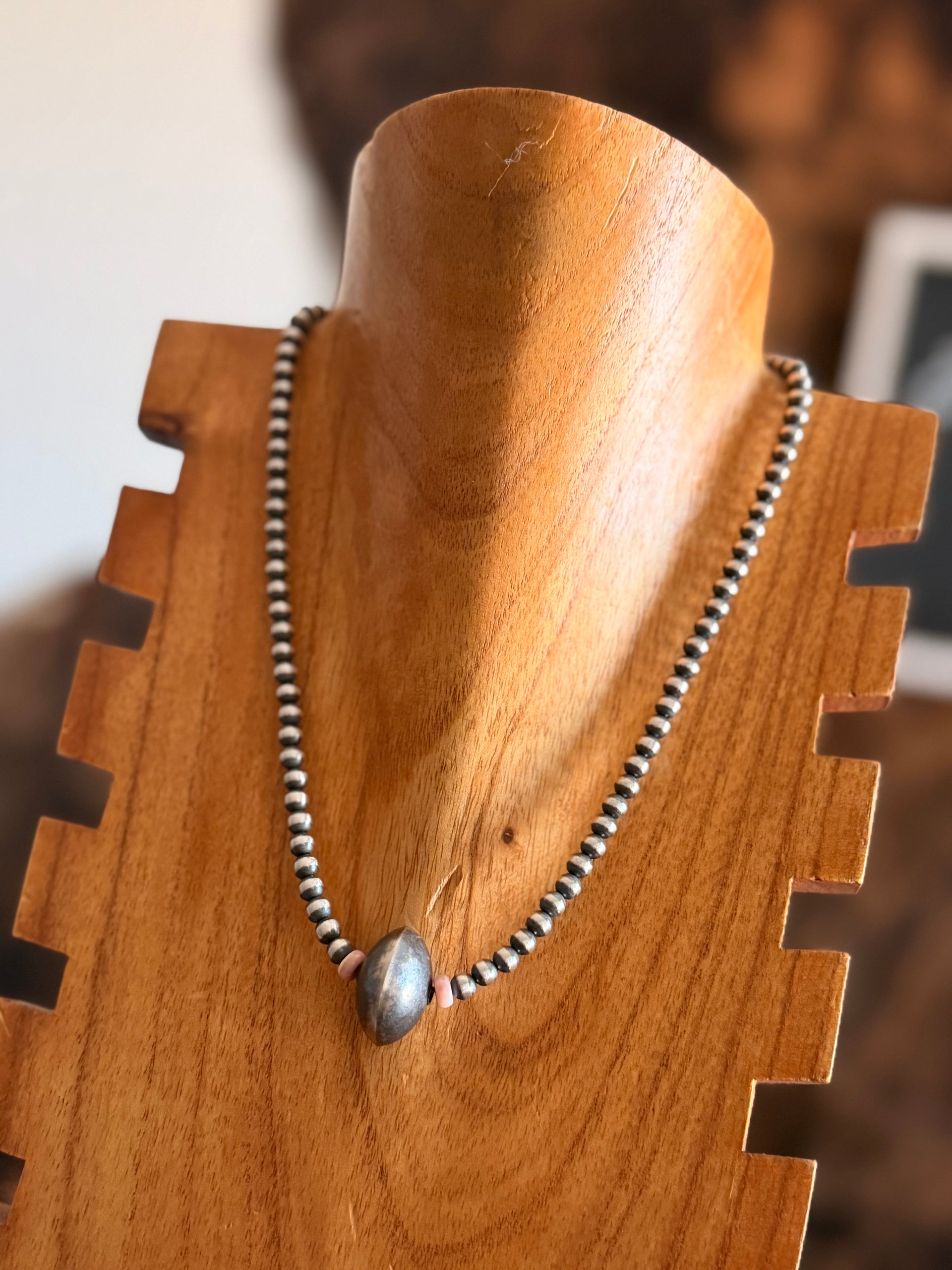 Navajo Strung Pink Conch & Sterling Silver Graduated & Saucer Pearl Necklace