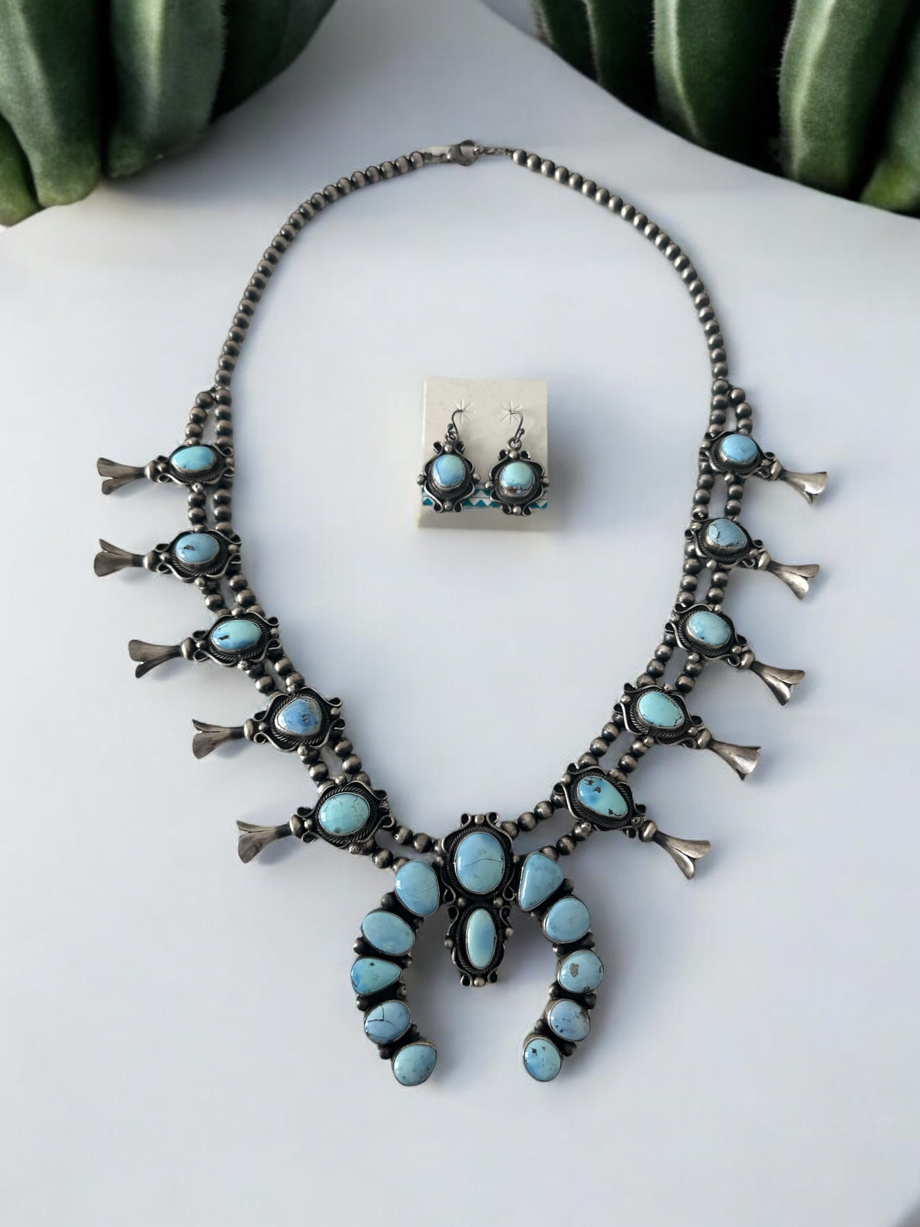 Bobby Johnson Golden Hills Turquoise & Sterling Silver Squash Blossom Necklace Set