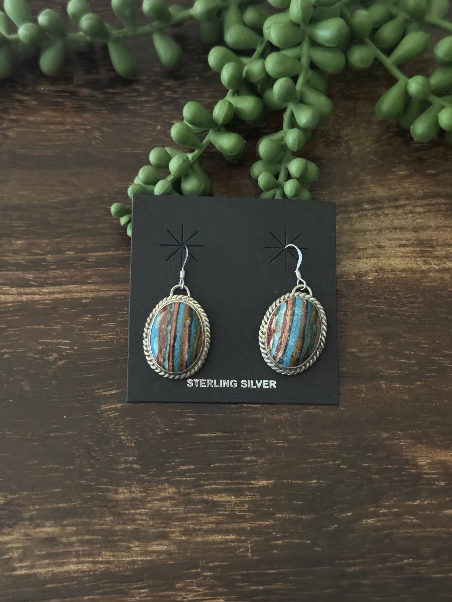 Navajo Made Rainbow Obsidian & Sterling Silver Dangle Earrings