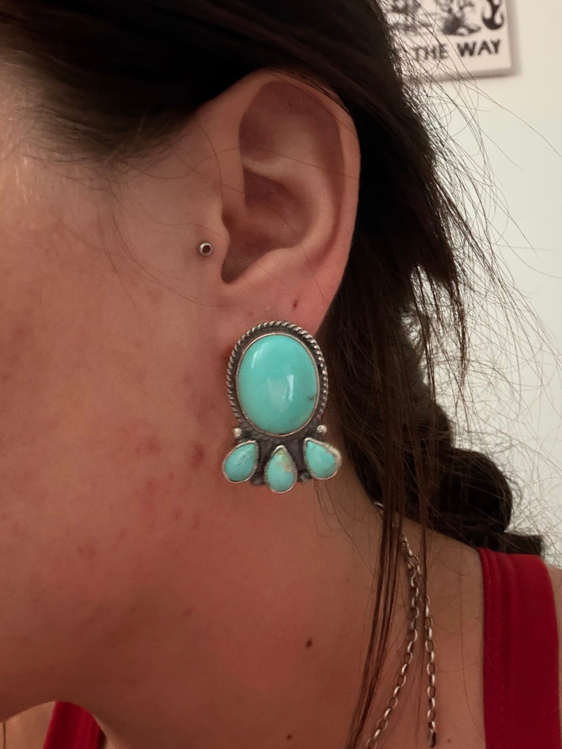 Navajo Made Kingman Turquoise & Sterling Silver Post Dangle Cluster Earrings