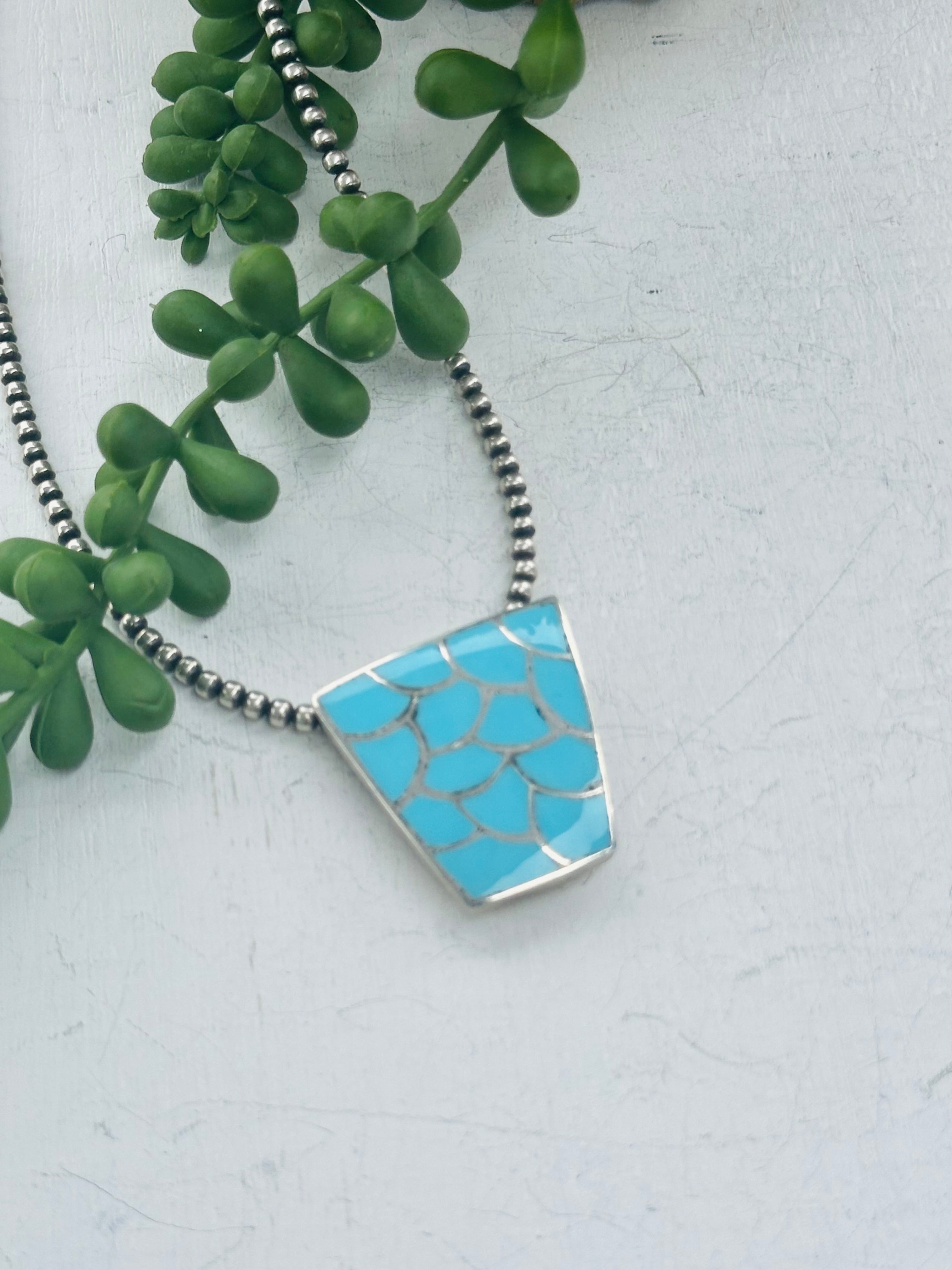 Zuni Made Kingman Turquoise & Sterling Silver Inlay Pendant/Pin