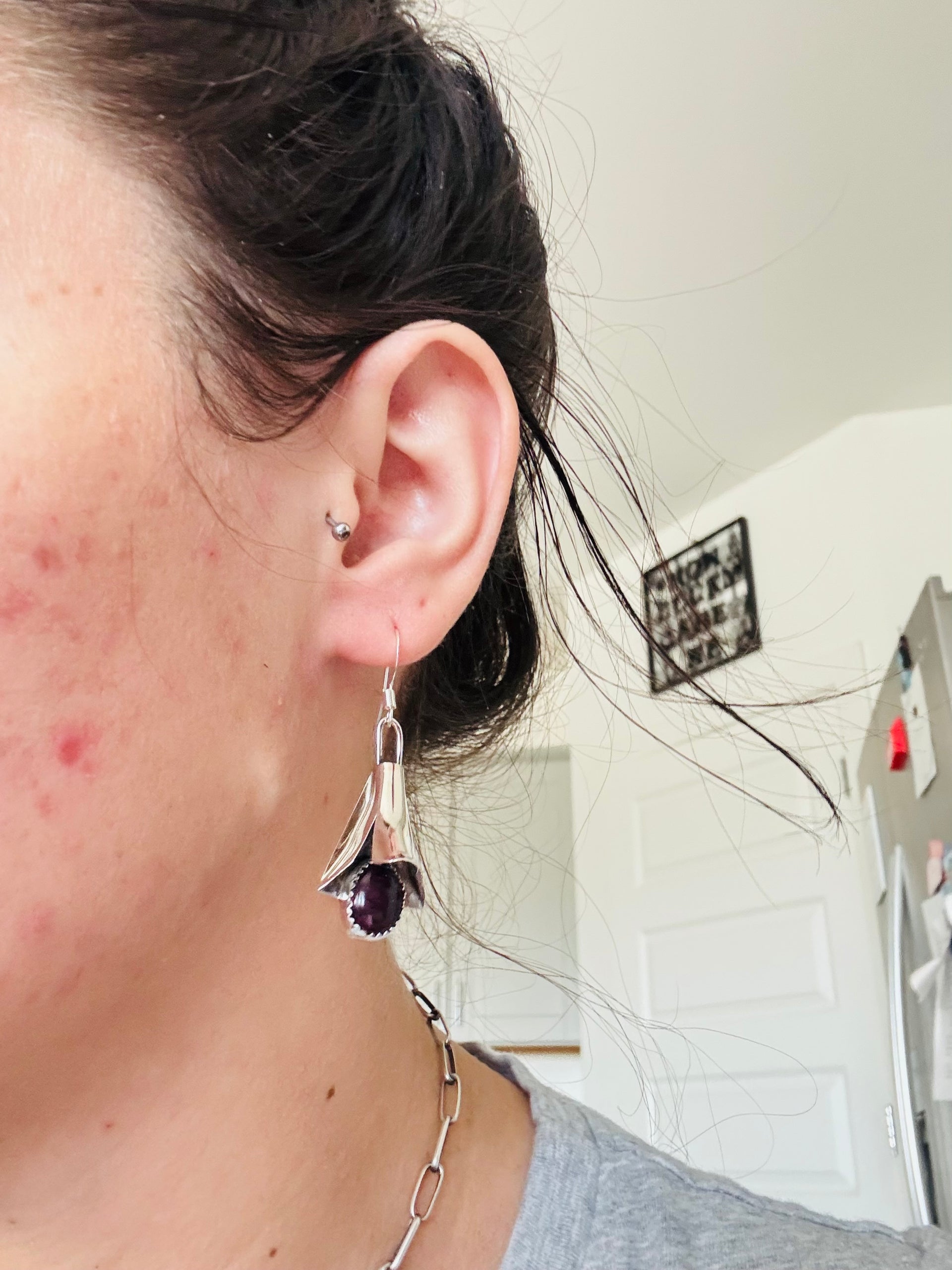 Louise Yazzie Purple Spiny Oyster & Sterling Silver Blossom Dangle Earrings