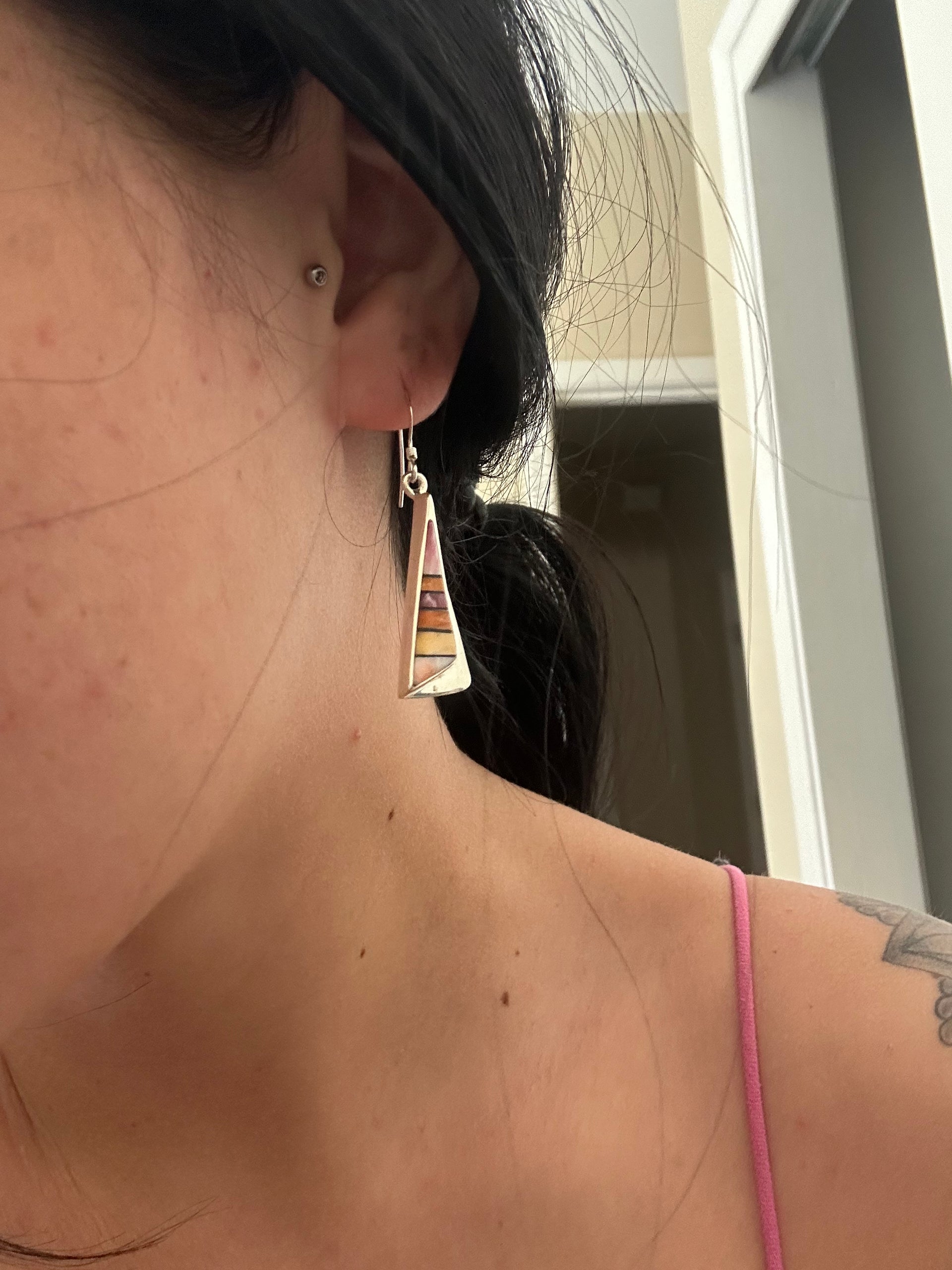 Navajo Made Multi Stone & Sterling Silver Dangle Earrings