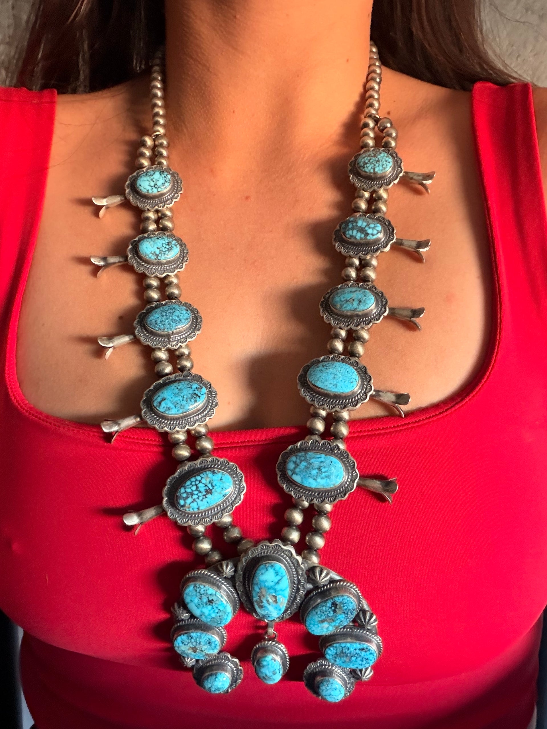 Thomas Francisco Kingman Turquoise & Sterling Silver Squash Blossom Necklace