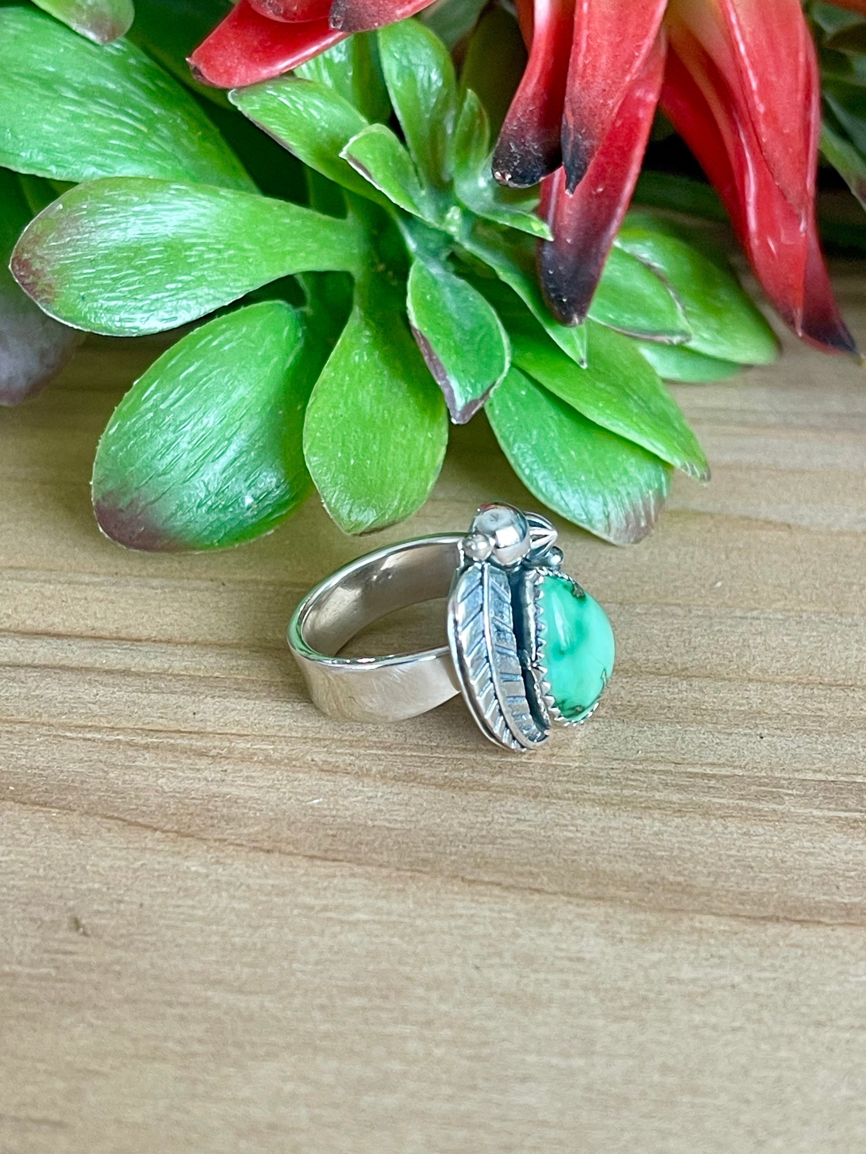 Southwest Sonoran Turquoise & Sterling Silver Adjustable Feather Ring