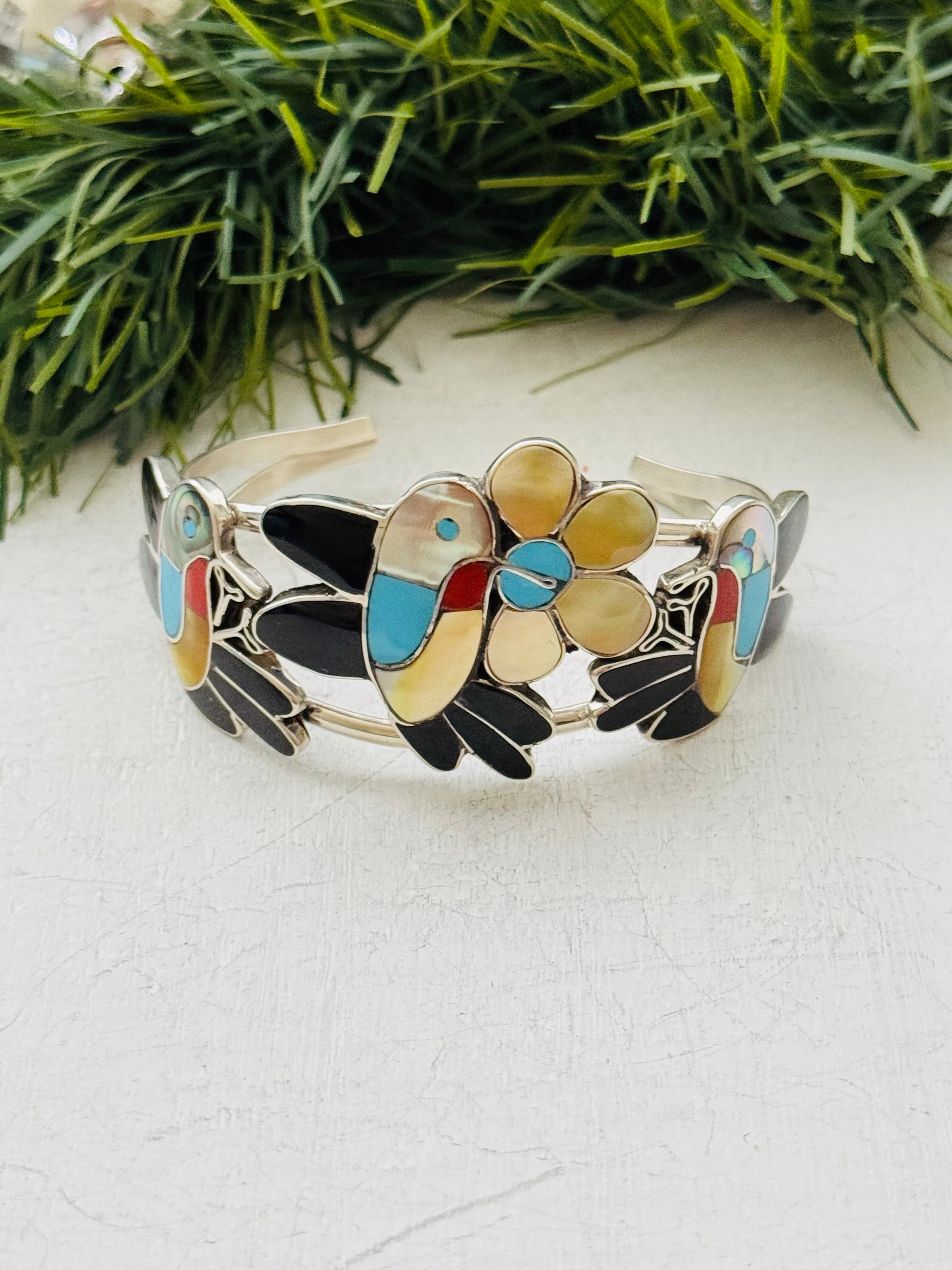 Zuni Made Multi Stone & Sterling Silver Inlay Hummingbird Cuff Bracelet