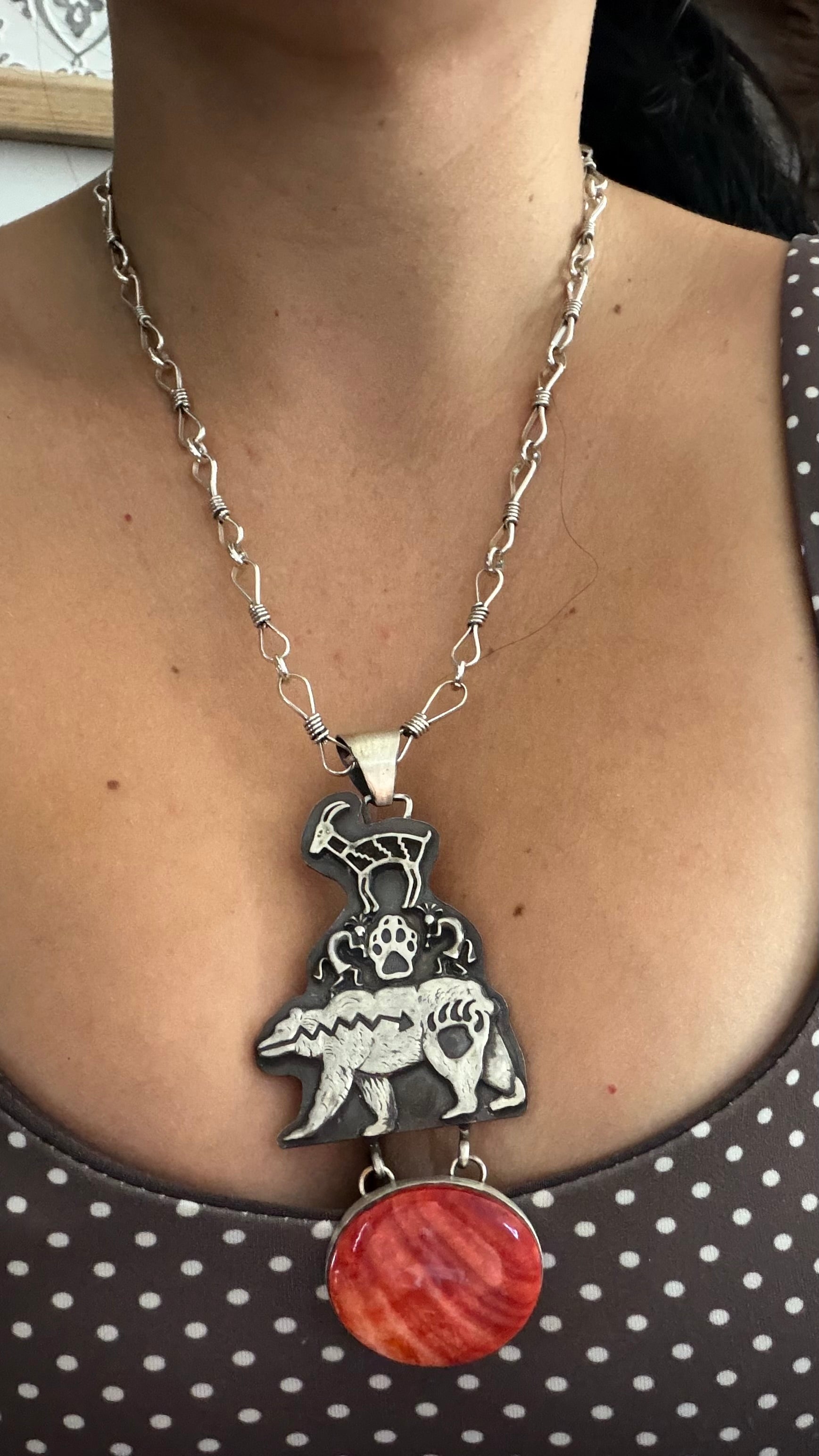 Navajo Made Spiny Oyster & Sterling Silver Handmade Chain Necklace/Pendant