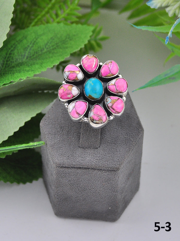 Southwest Made Multi Stone & Sterling Sliver Cluster Adjustable Ring