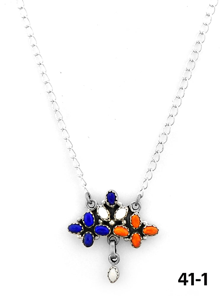 Southwest Made Lapis, White Buffalo with Orange Mohave & Sterling Silver Necklace