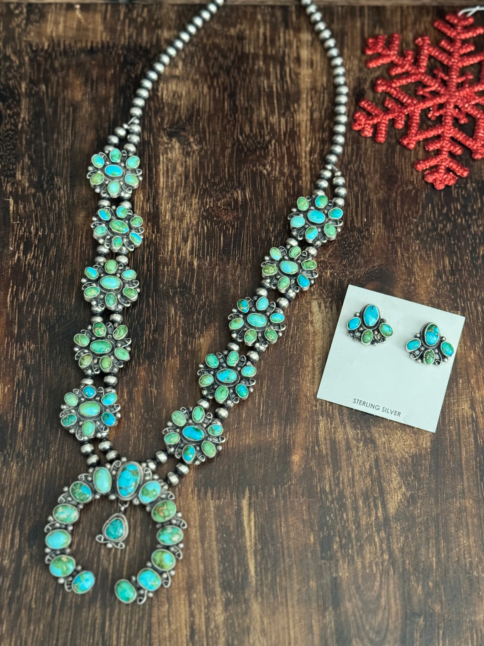Travis J. Sonoran Mountain Turquoise & Sterling Silver Cluster Squash Necklace Set