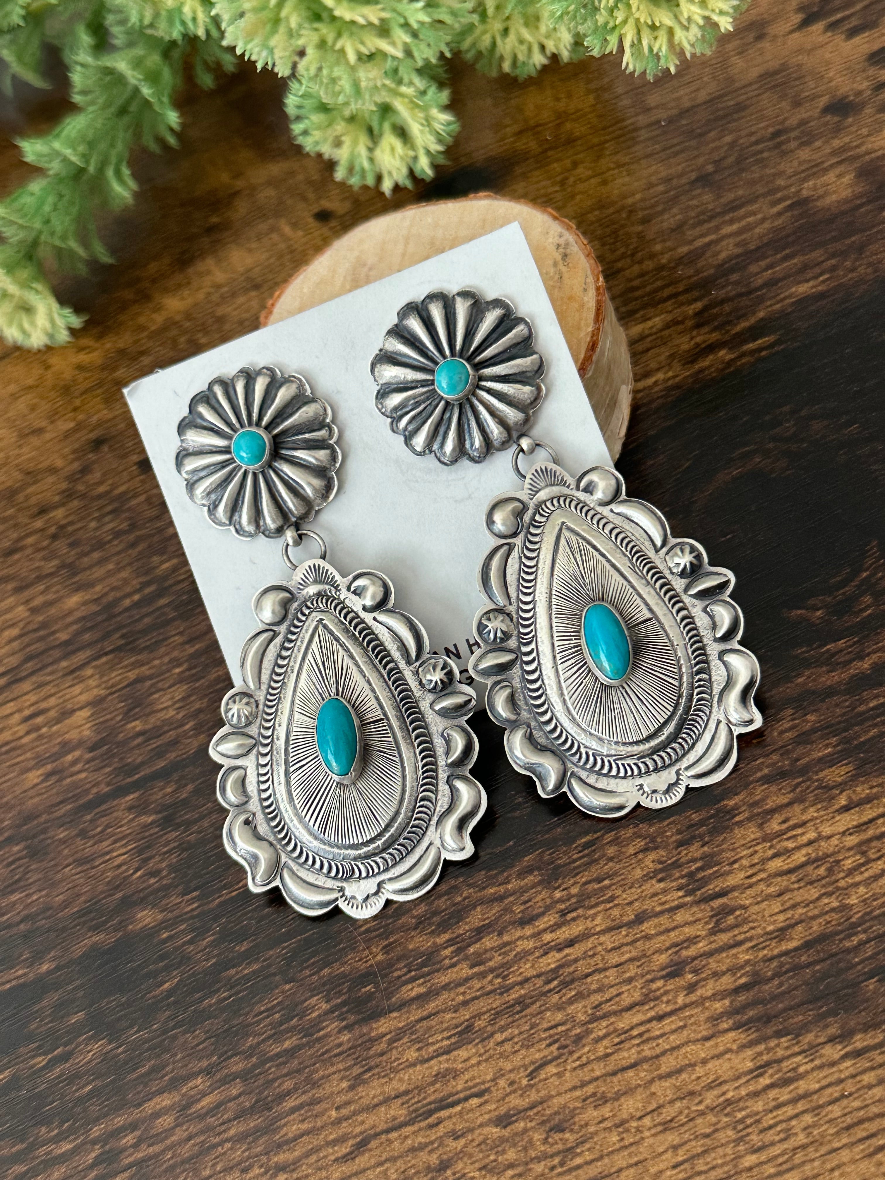 Eugene Charley Kingman Turquoise & Sterling Silver Post Dangle Earrings