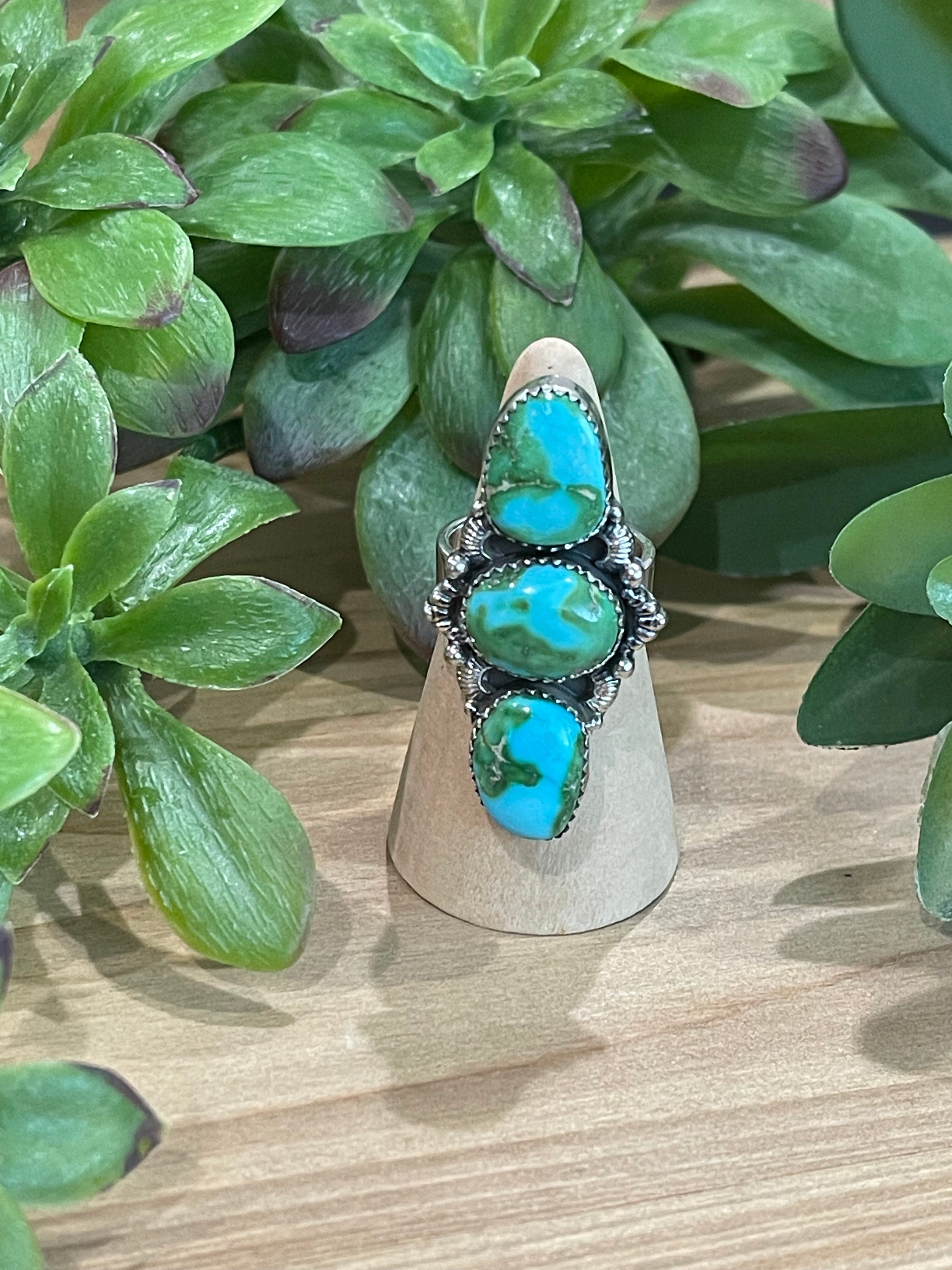 Southwest Handmade Sonoran Mountain Turquoise & Sterling Silver 3 Stone Adjustable Ring