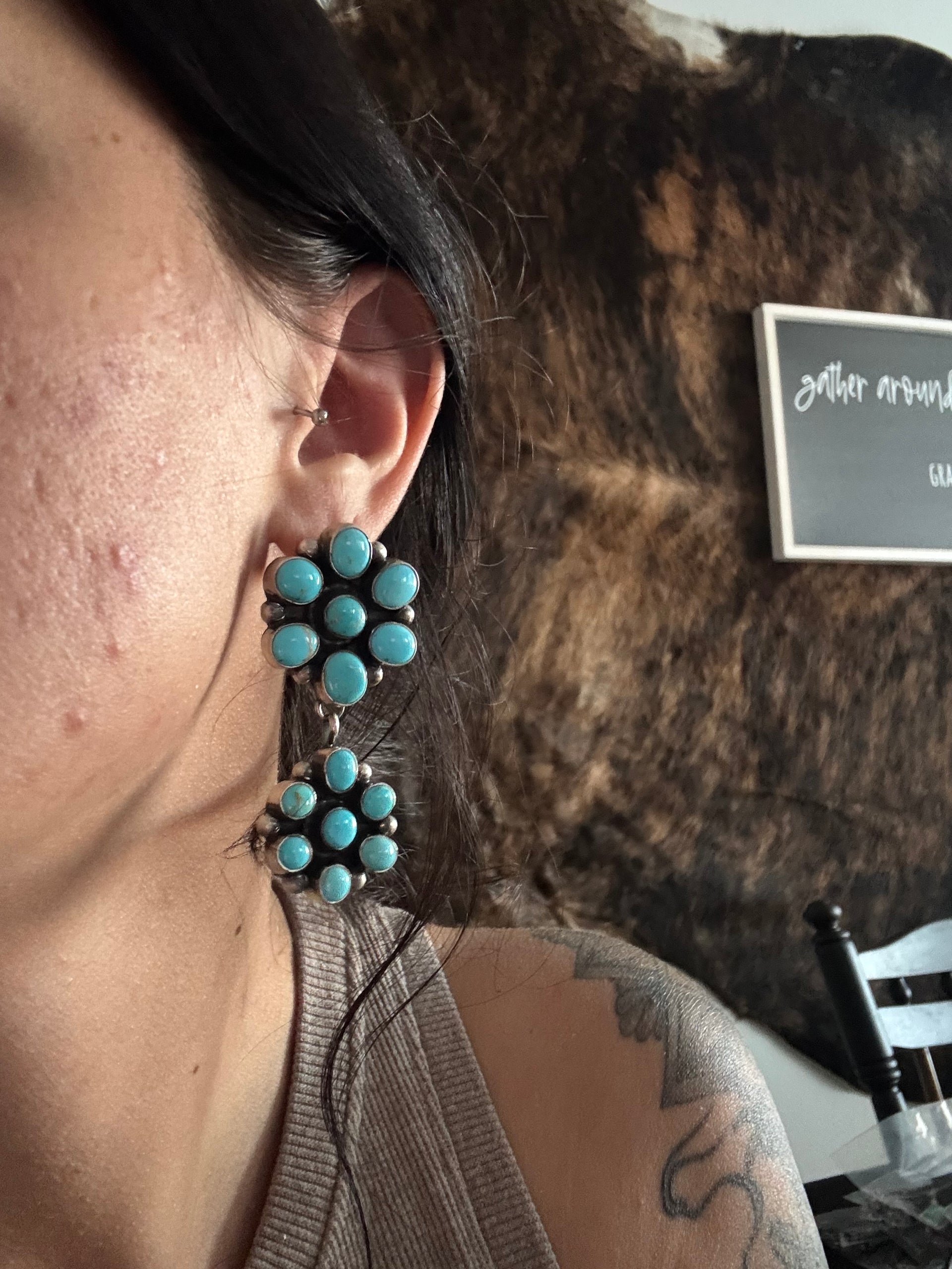 Navajo Made Kingman Turquoise & Sterling Silver Post Dangle Cluster Earrings