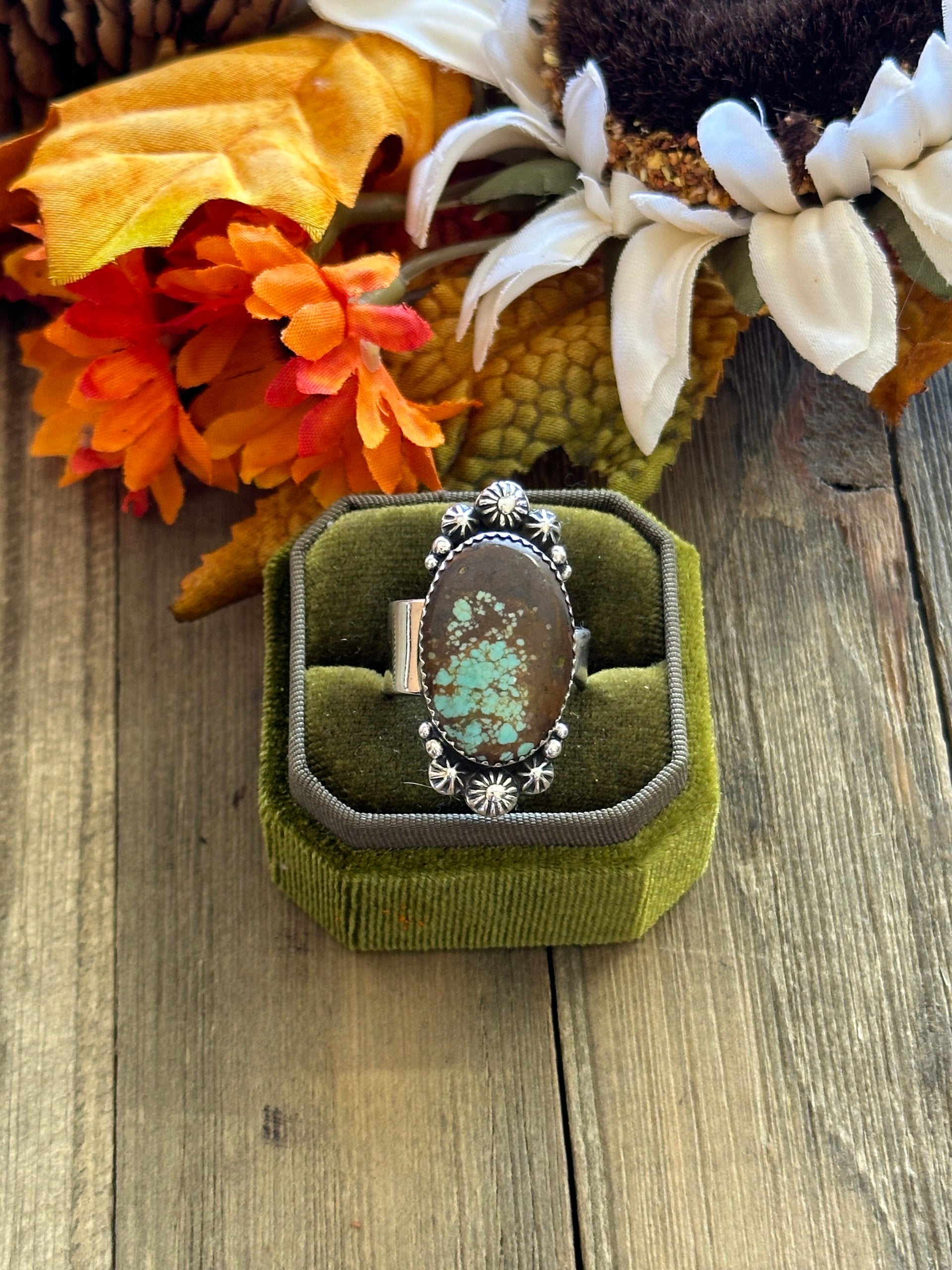 Southwest Handmade #8 Turquoise & Sterling Silver Adjustable Ring