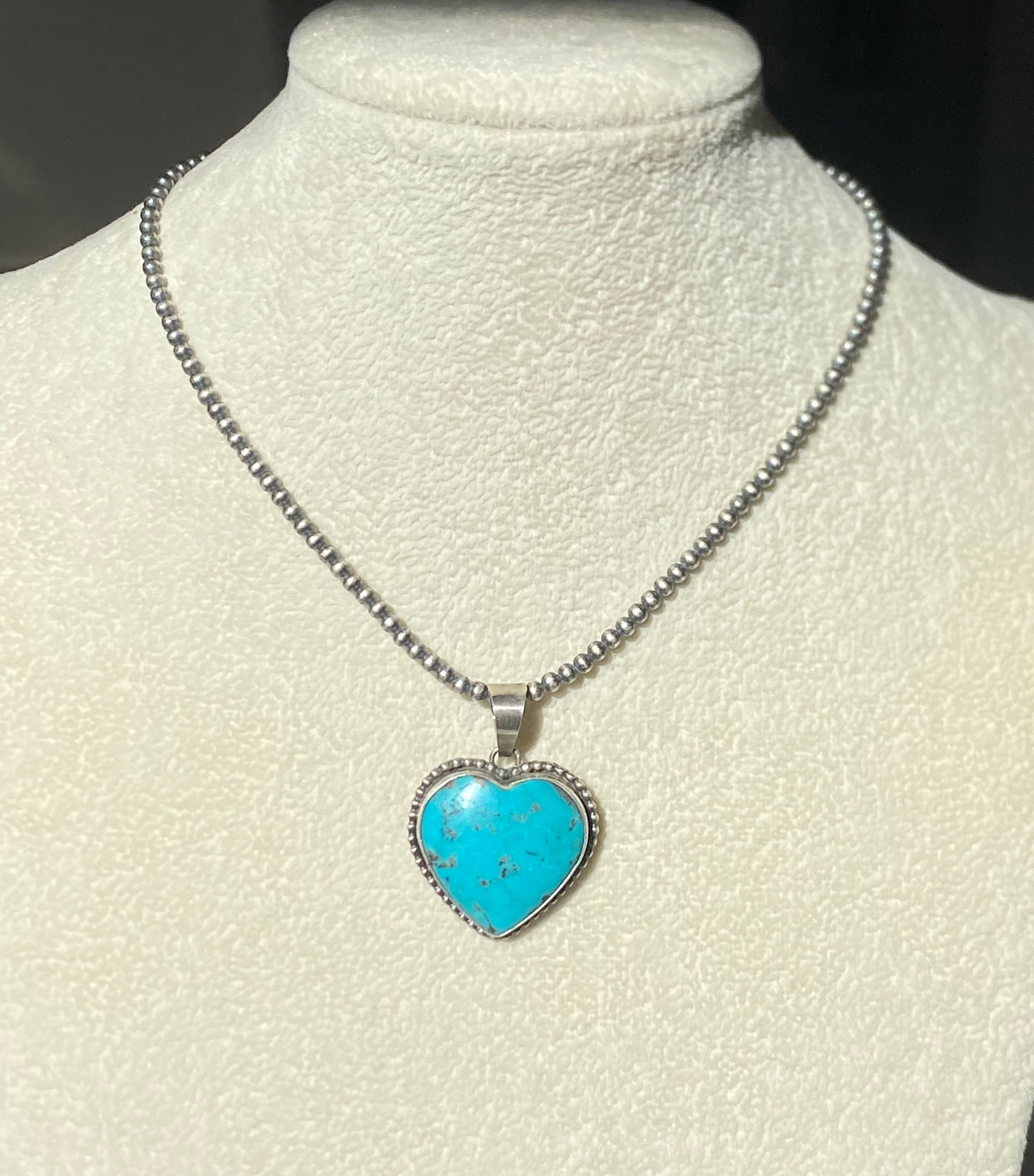 Navajo Made Kingman Turquoise & Sterling Silver Heart Shape PENDANT ONLY