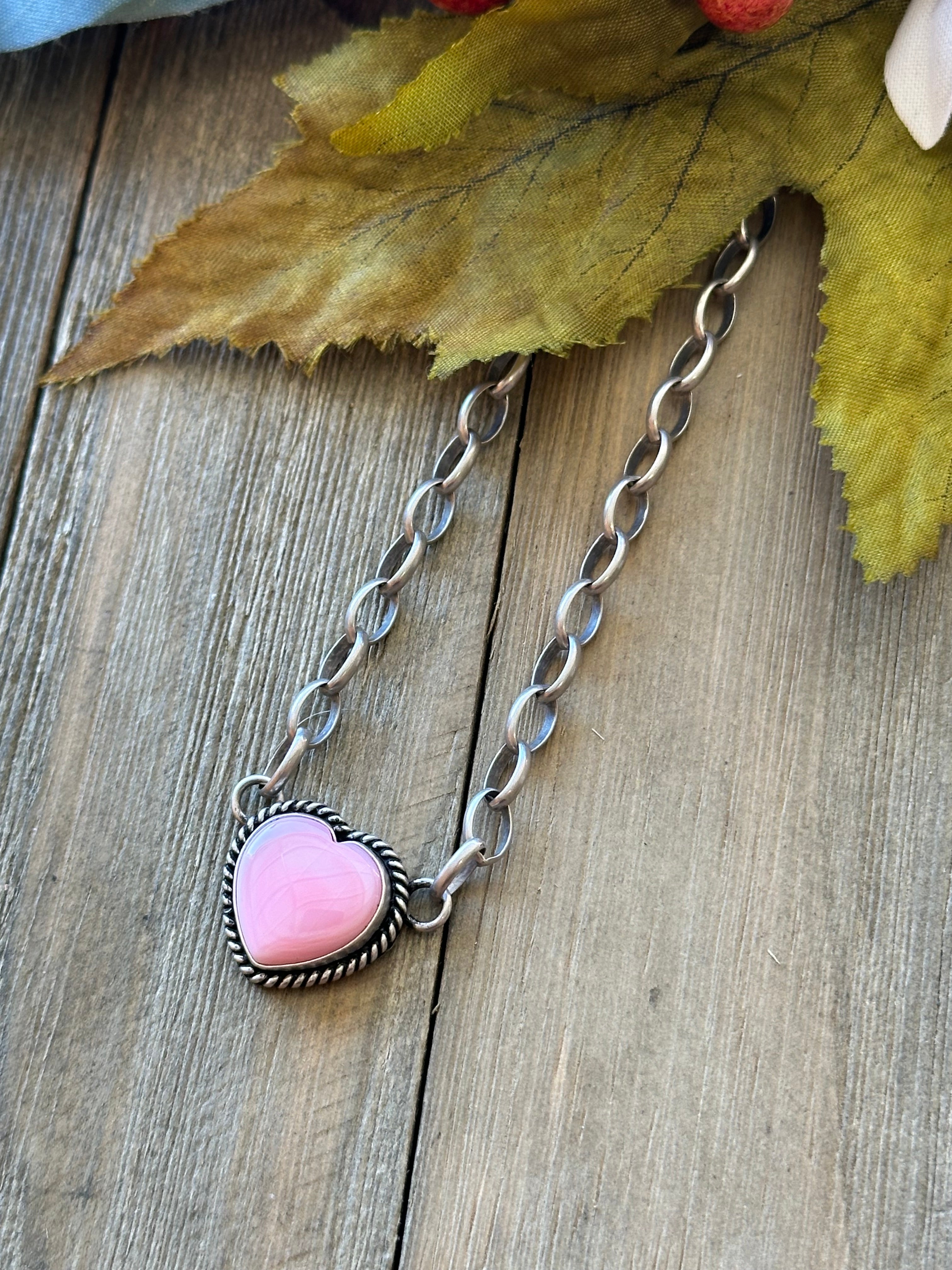 Navajo Made Pink Conch & Sterling Silver Heart Necklace