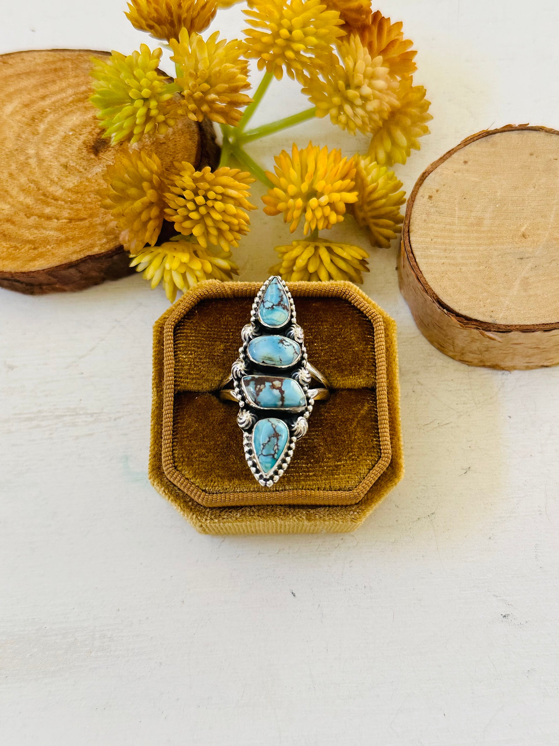 Southwest Handmade Golden Hills Turquoise & Sterling Silver Ring Size 9.75