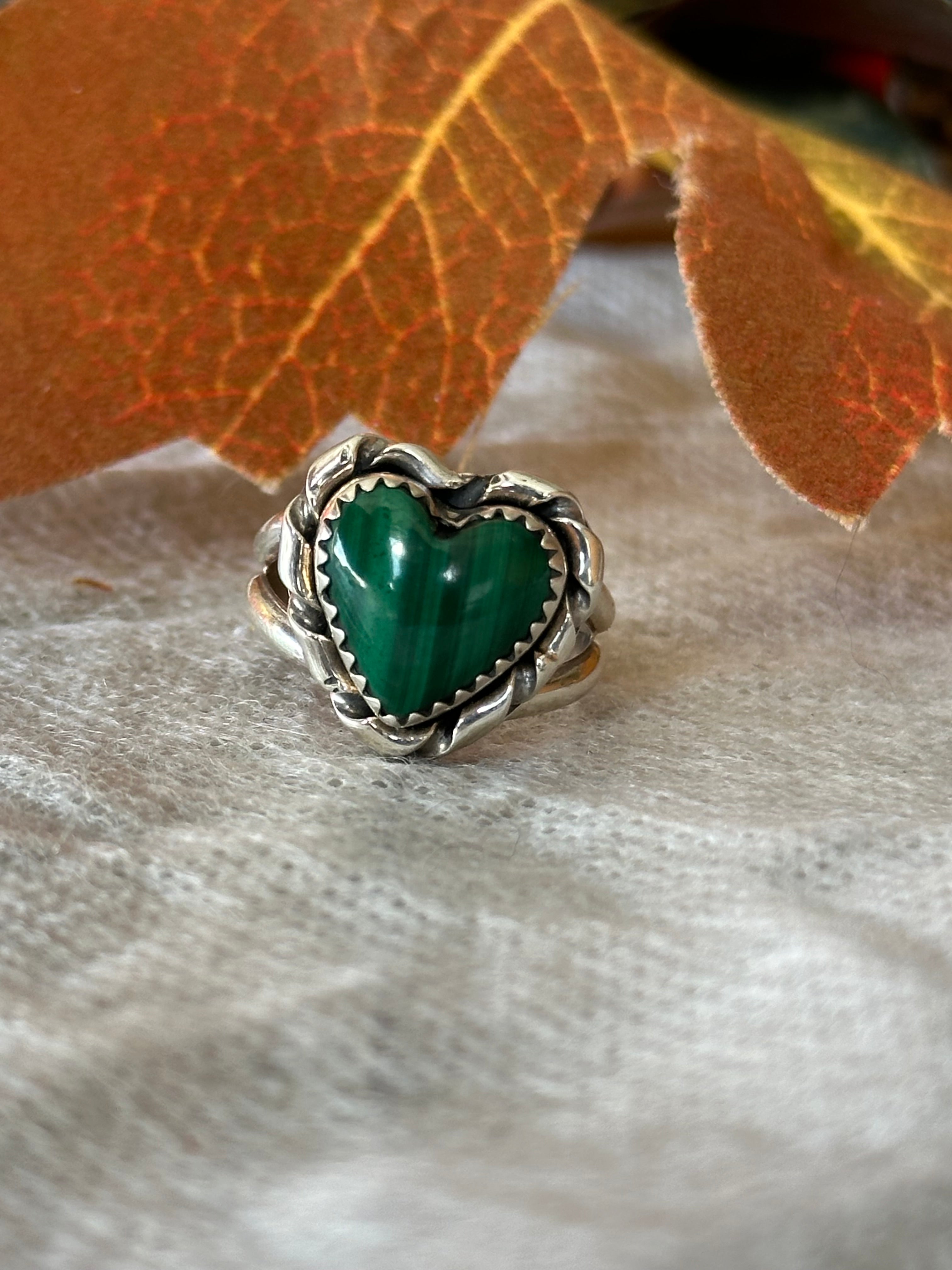 Navajo Made Malachite & Sterling Silver Heart Ring