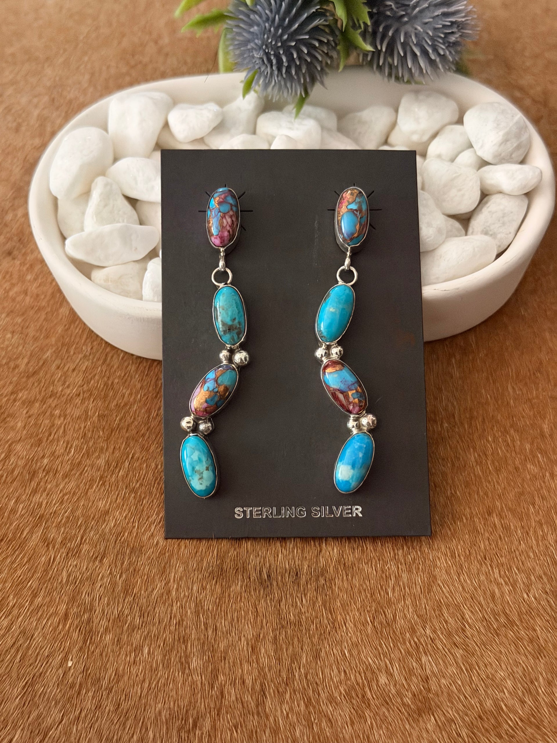Navajo Made Mohave Turquoise & Sterling Silver Post Dangle Earrings