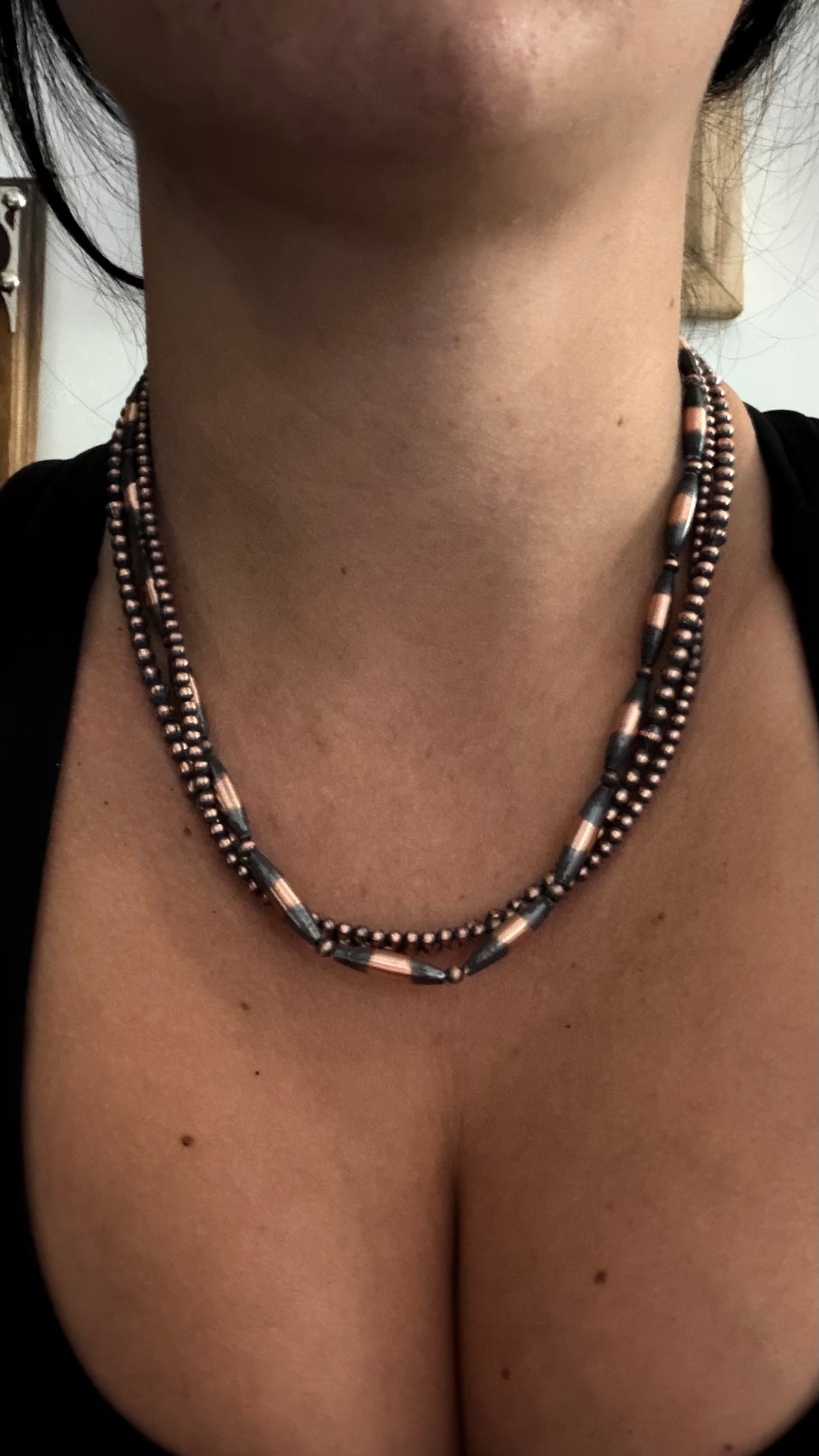 Navajo Strung Copper Machine Made 3 Strand 18” Pearl Necklace