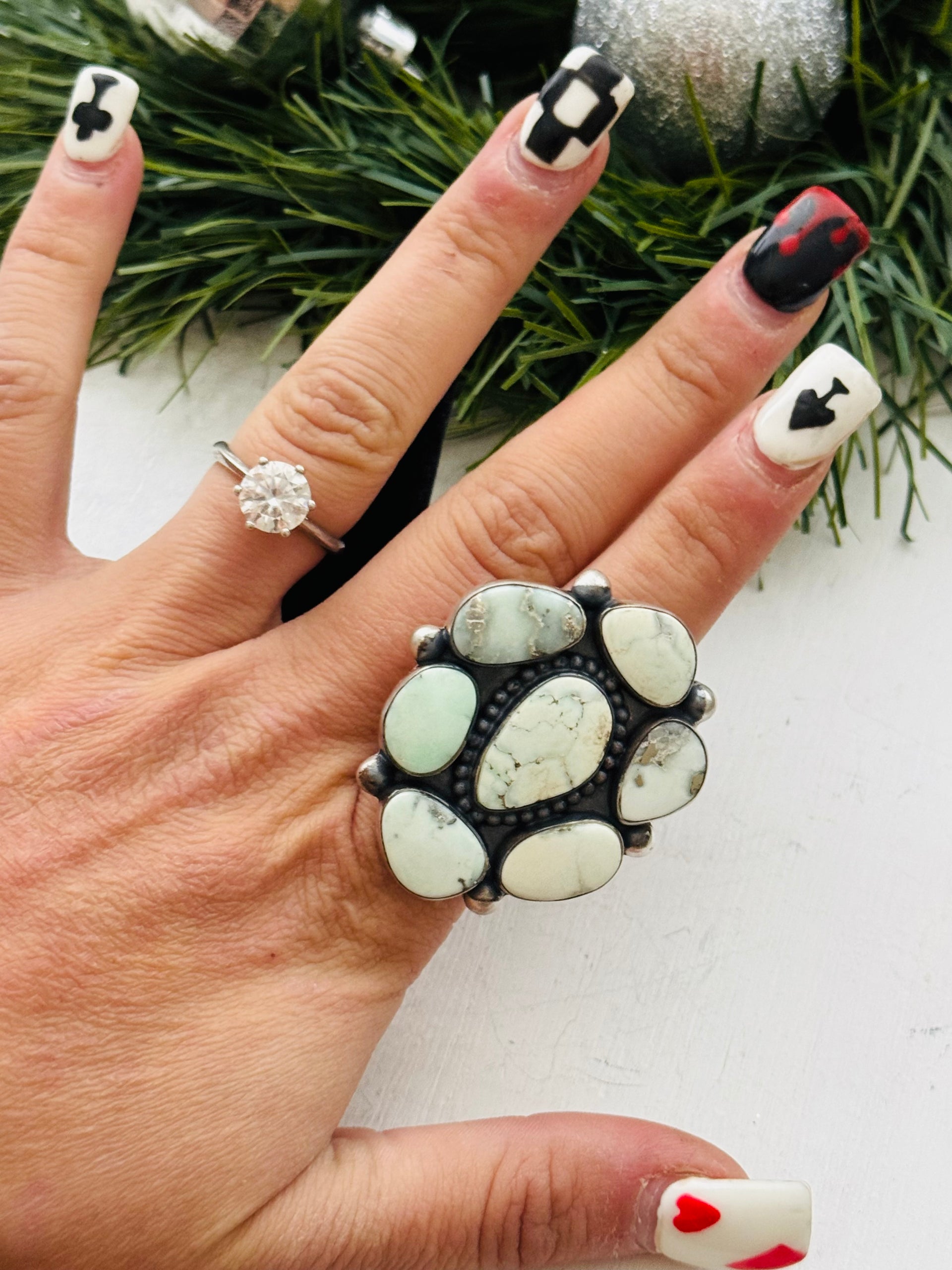 Southwest Handmade Paloma Variscite & Sterling Silver Adjustable Cluster Ring