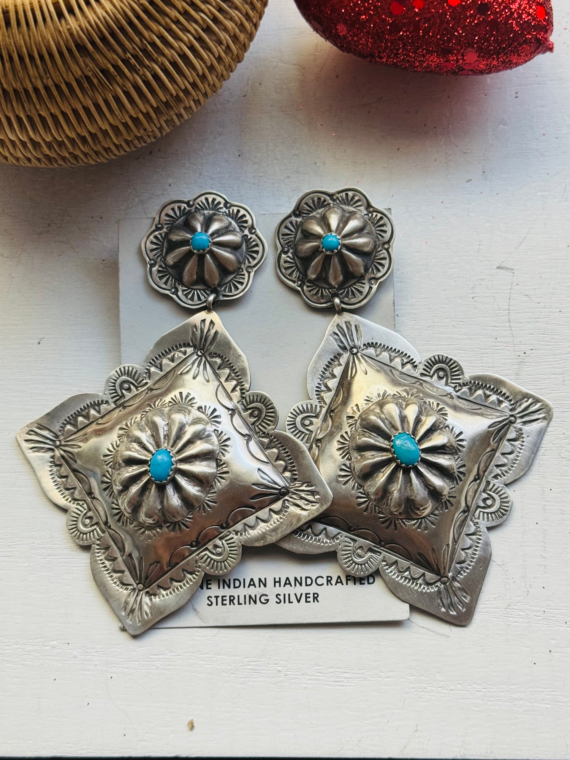 Rita Lee Kingman Turquoise & Sterling Silver Post Dangle Concho Earrings