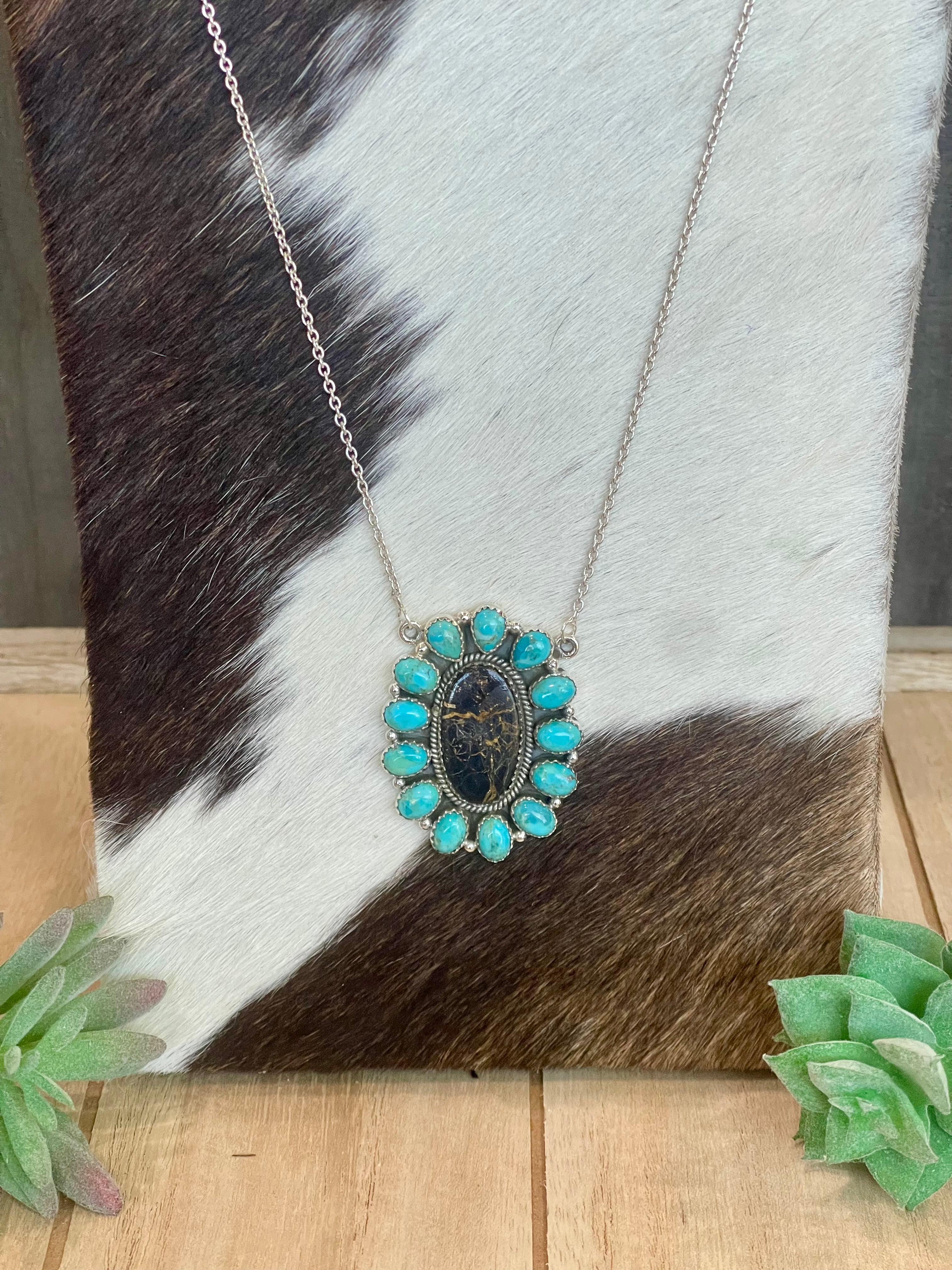 Southwest Handmade BlackJack Turquoise And Kingman Turquoise & Sterling Silver Necklace