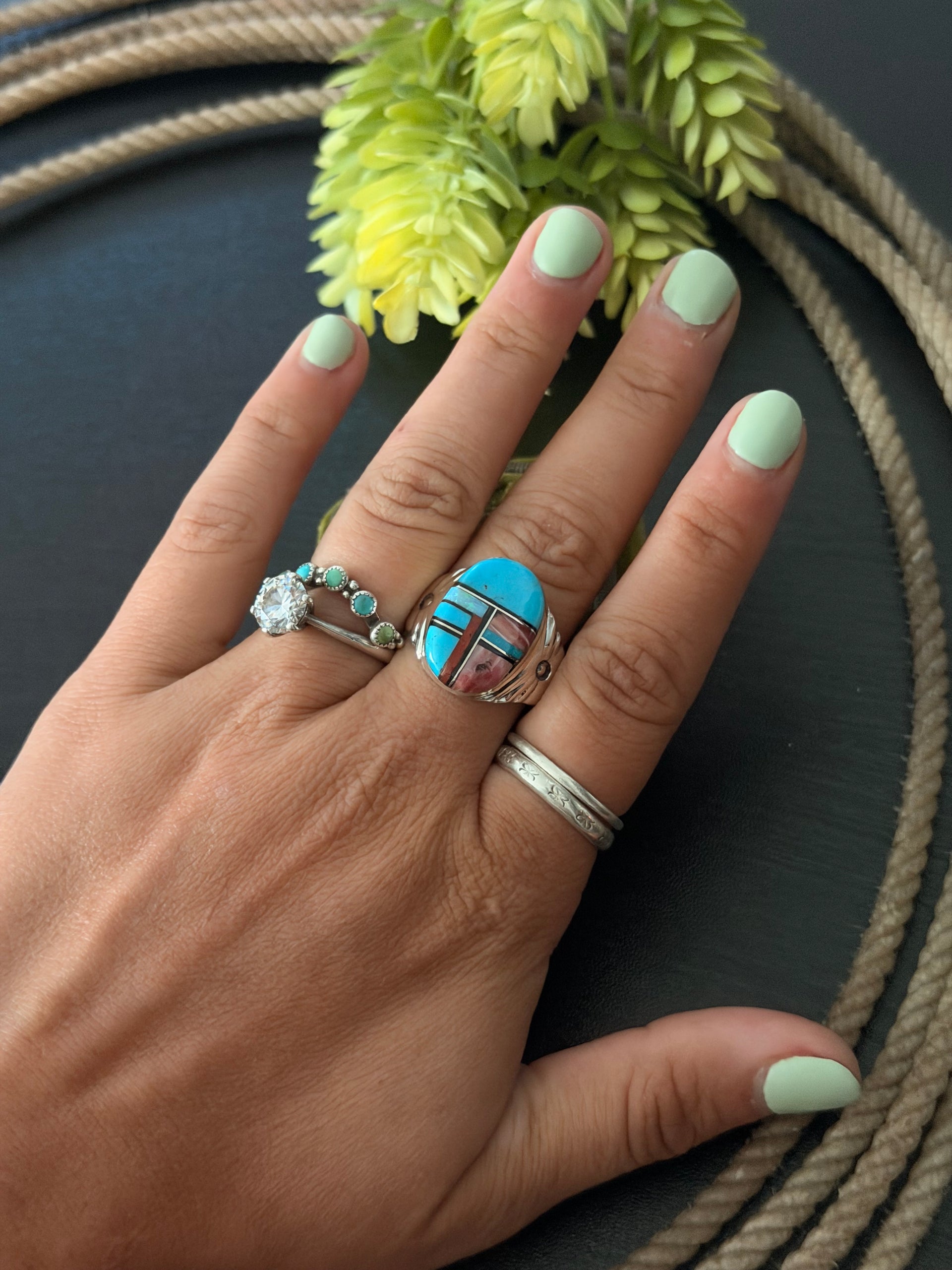 Mary Lincoln Multi Stone & Sterling Silver Inlay Ring Size 9.75