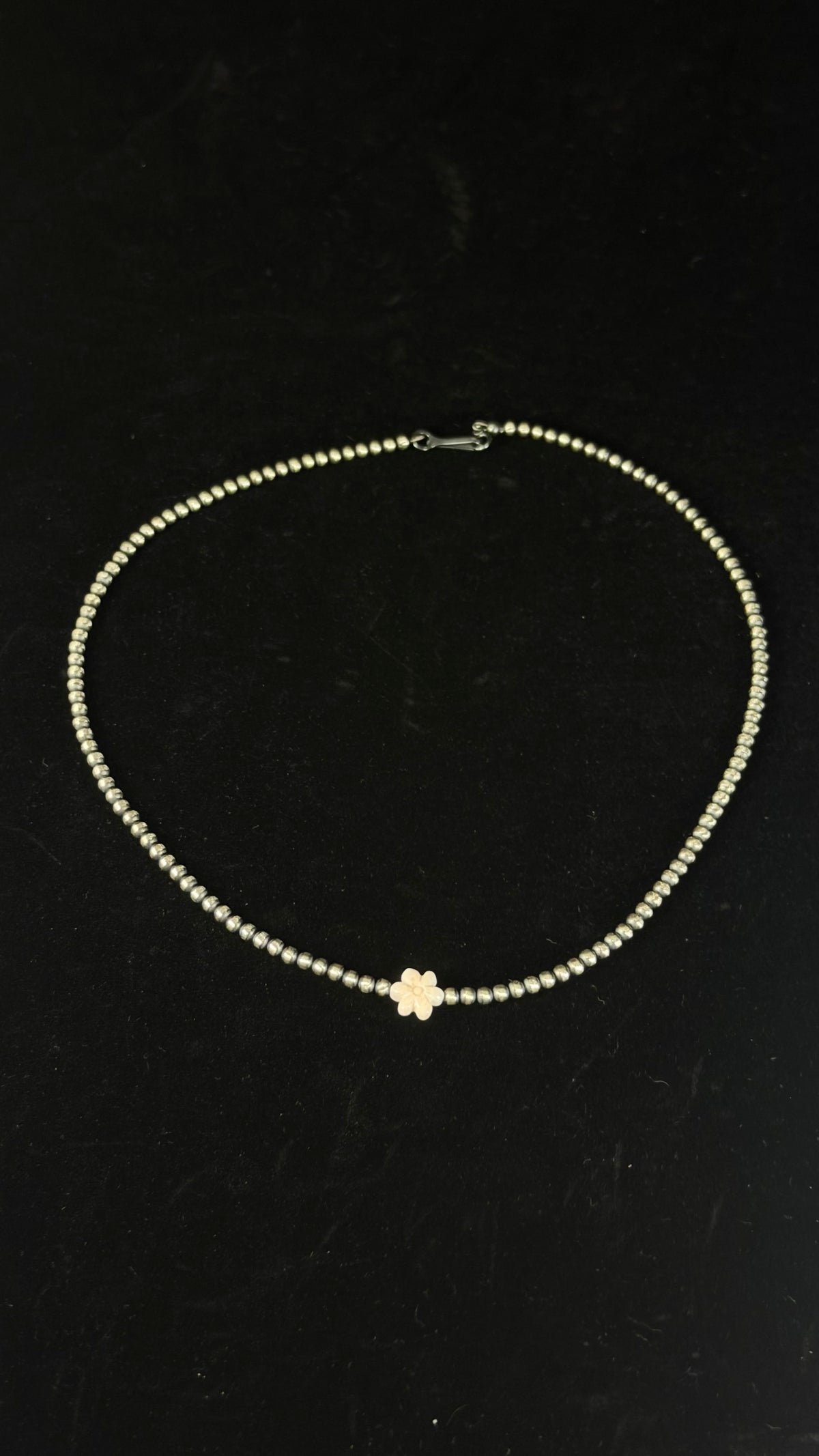 Navajo Strung Pink Conch & Sterling Silver Flower 16” Necklace