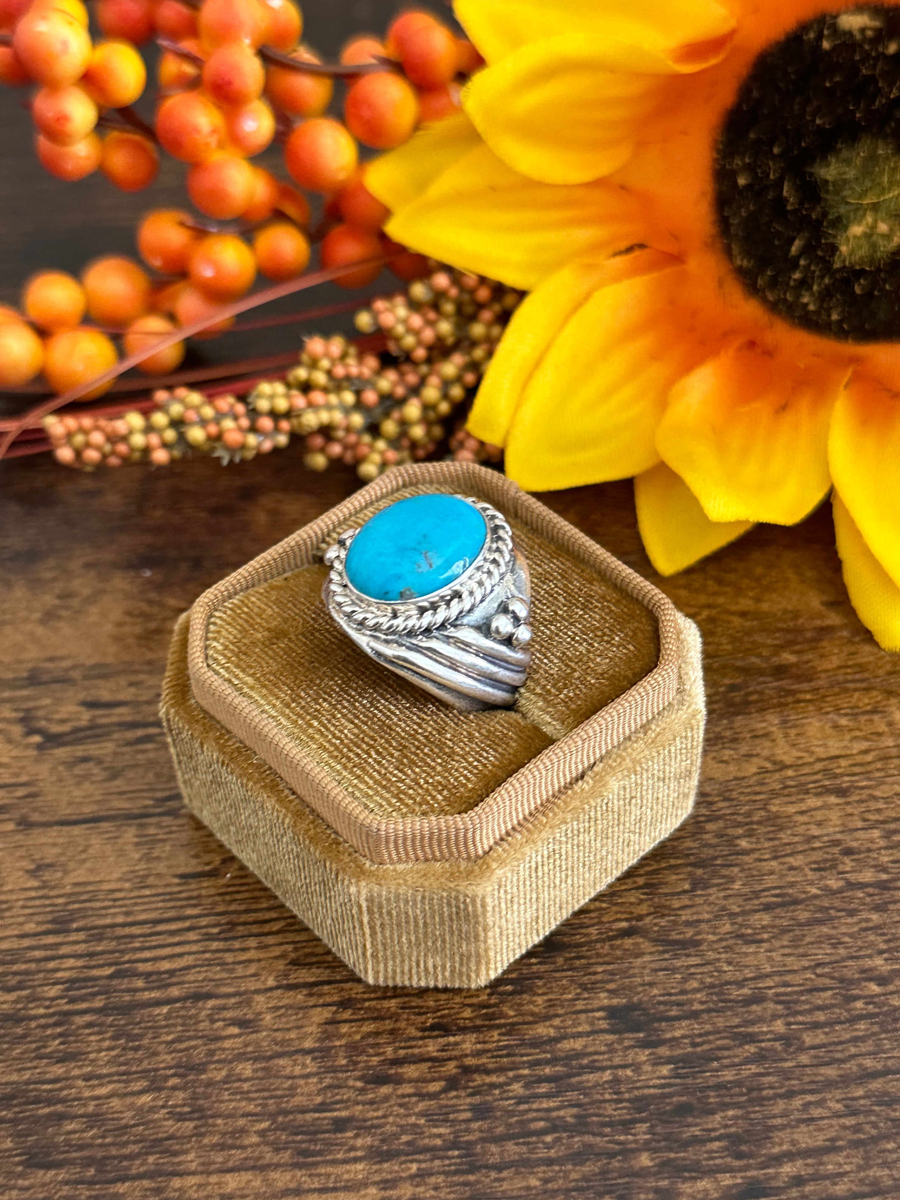 Navajo Made Kingman Turquoise & Sterling Silver Ring Size 9.5