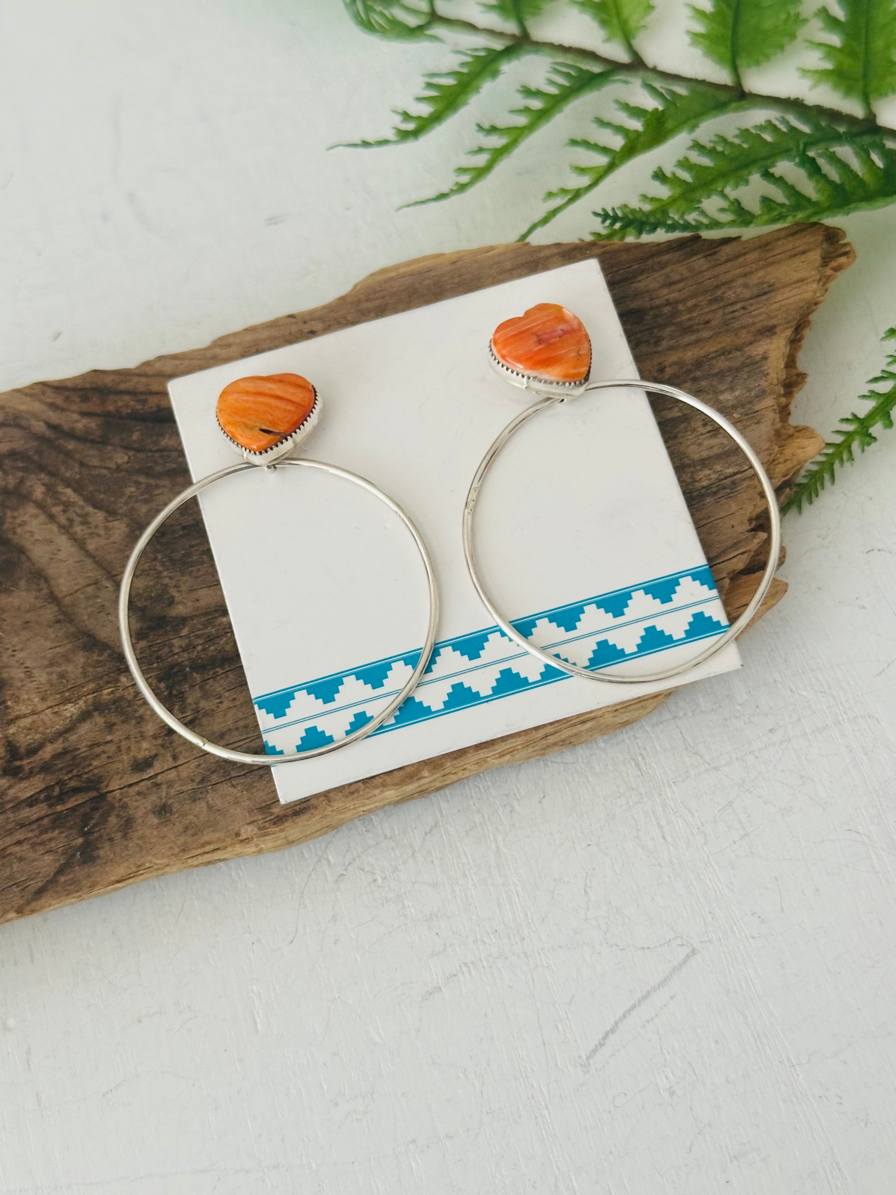 Navajo Made Spiny Oyster & Sterling Silver Post Dangle Heart Earrings