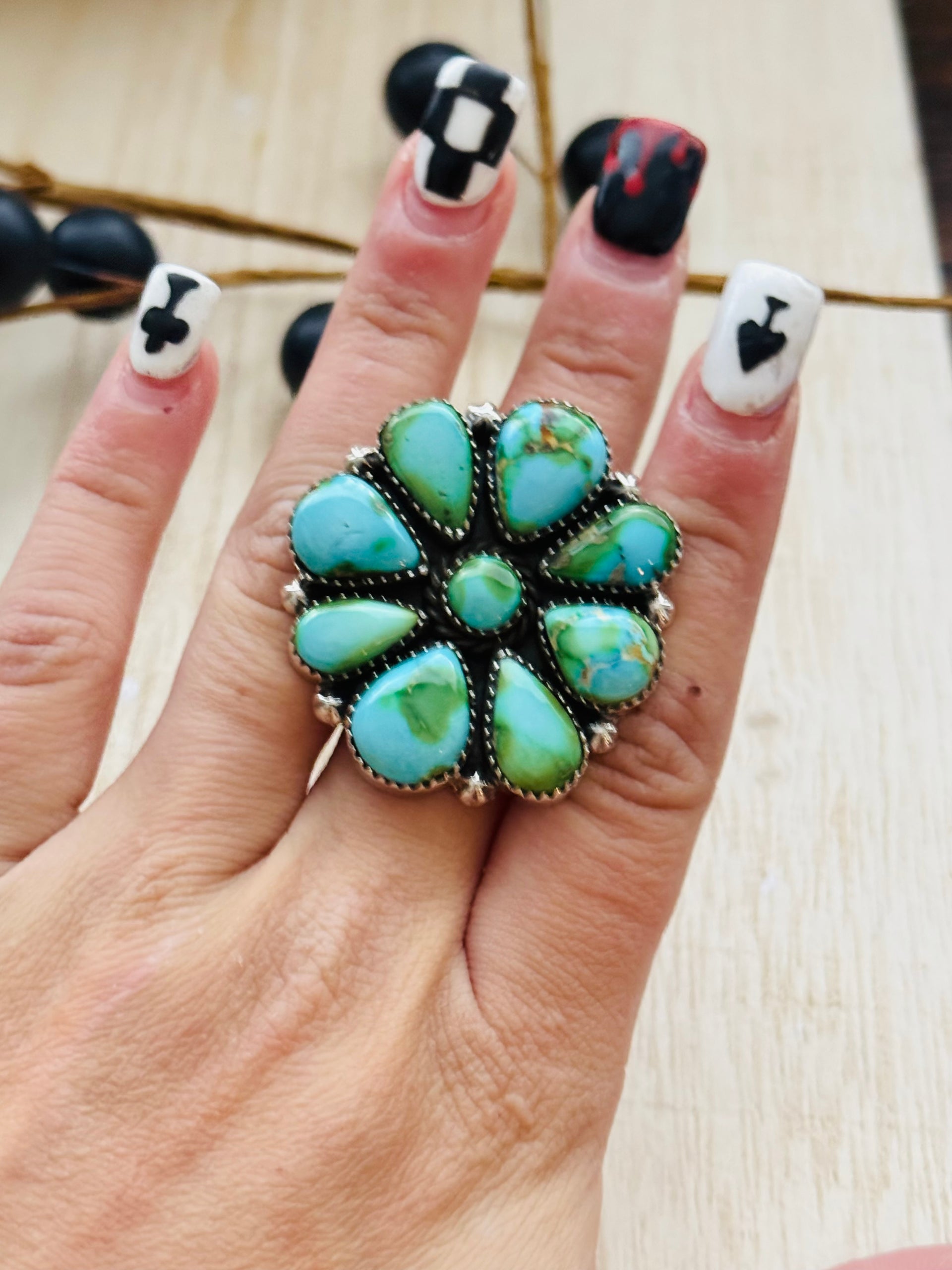 Southwest Handmade Sonoran Mountain Turquoise & Sterling Silver Adjustable Cluster Ring