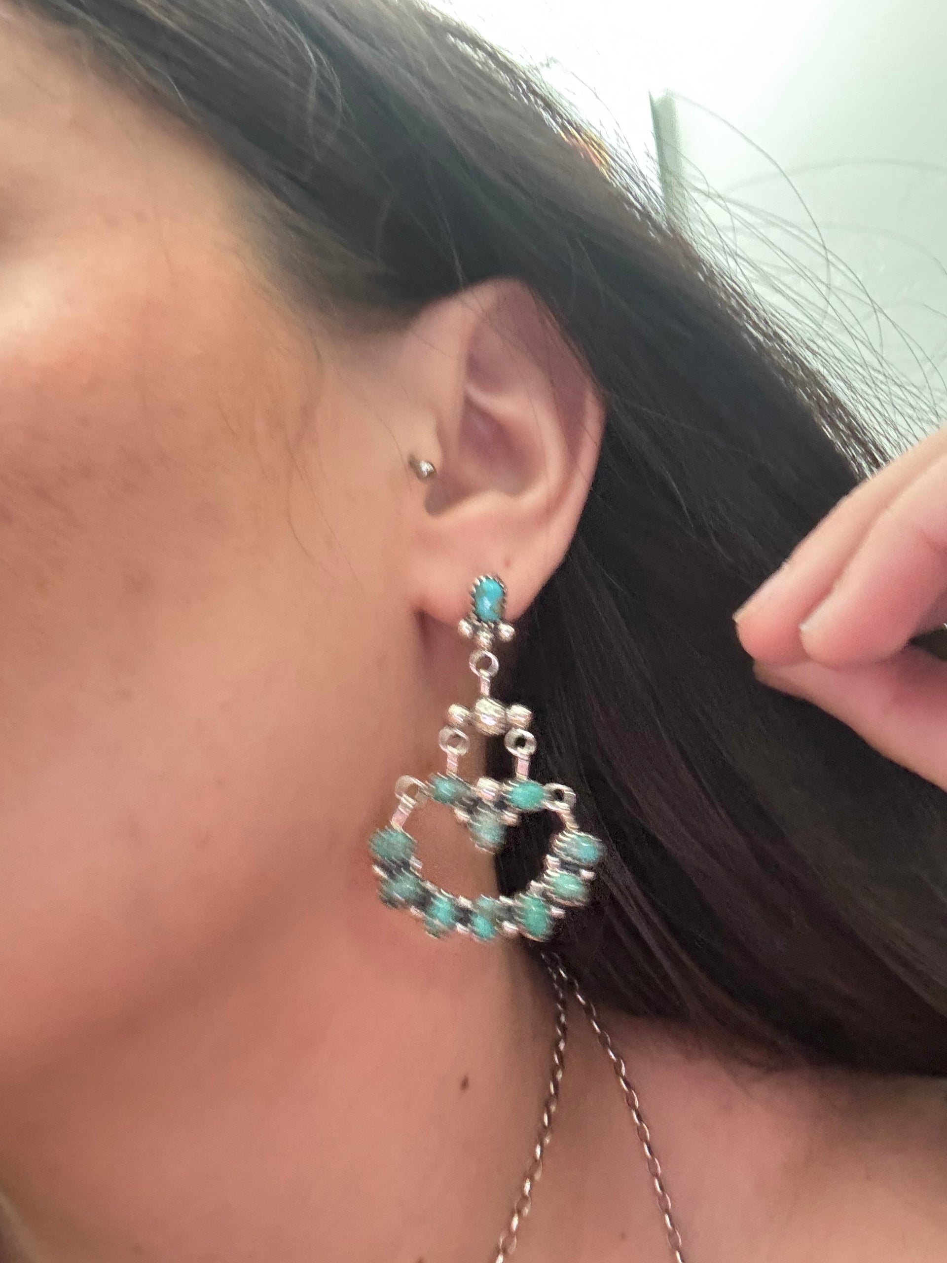 Navajo Made Red Skin Turquoise & Sterling Silver Post Dangle Cluster Earrings