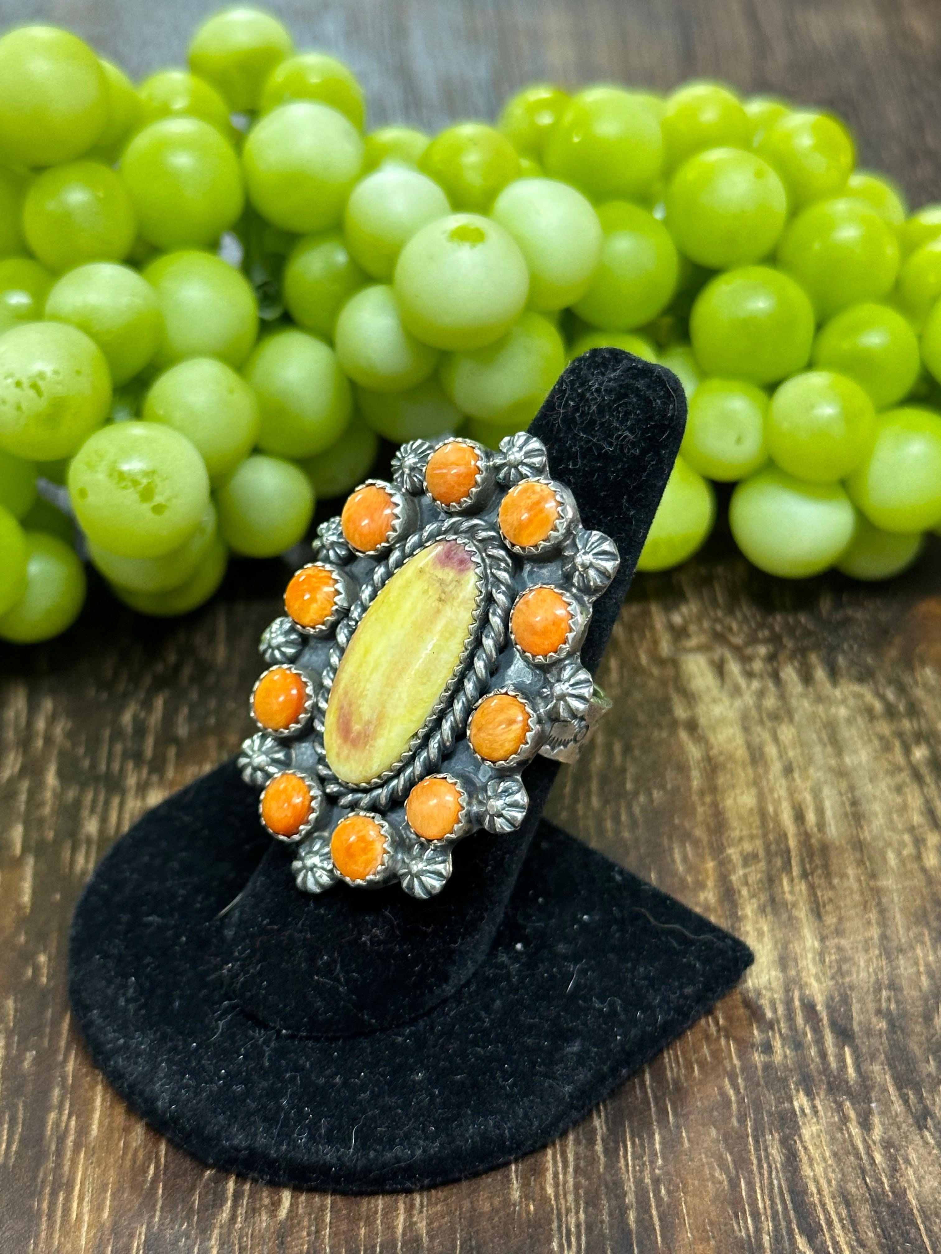 Navajo Handmade Spiny Oyster & Sterling Silver Adjustable Ring