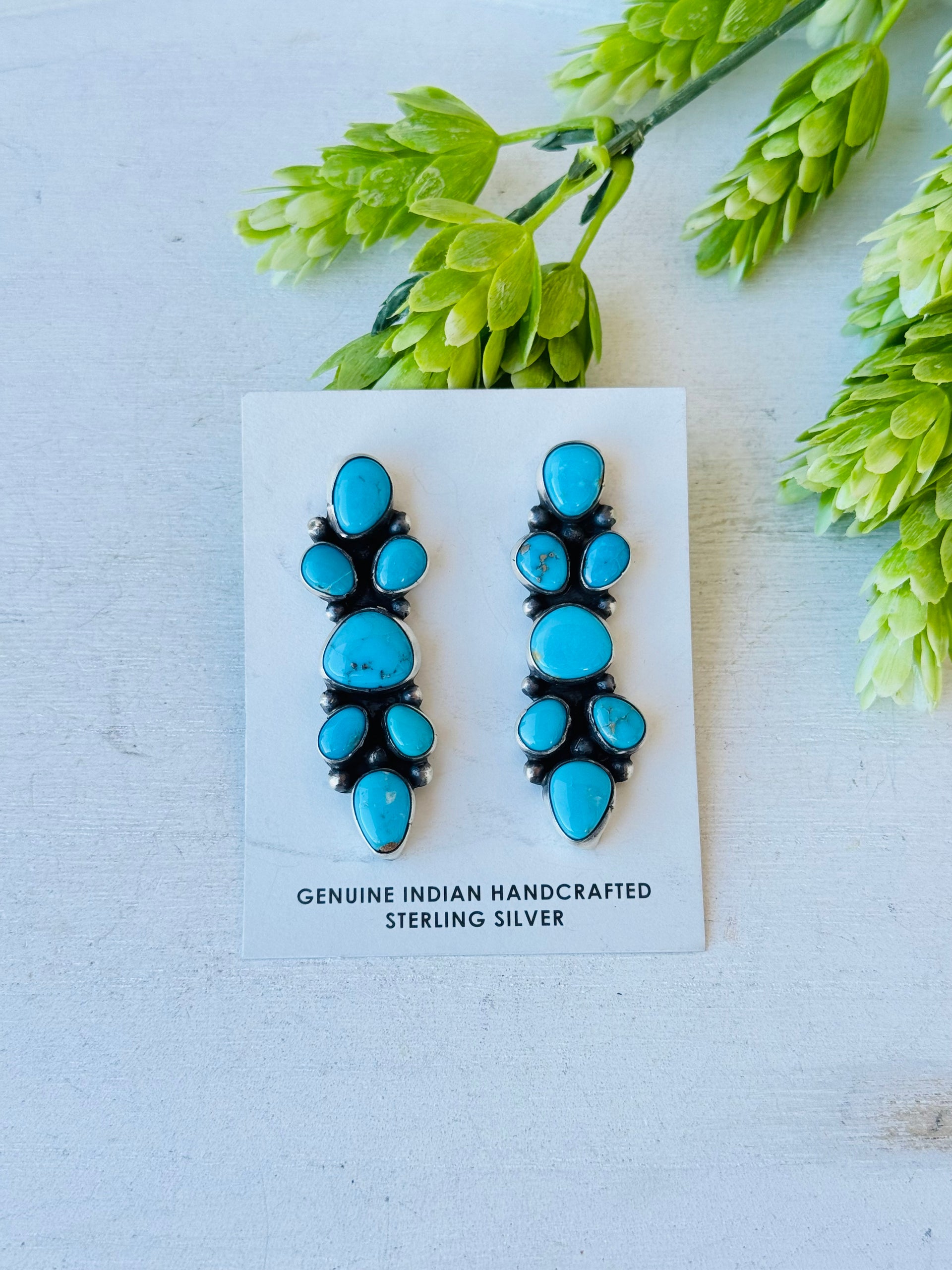 Sheila Becenti Kingman Turquoise & Sterling Silver Post Dangle Cluster Earrings