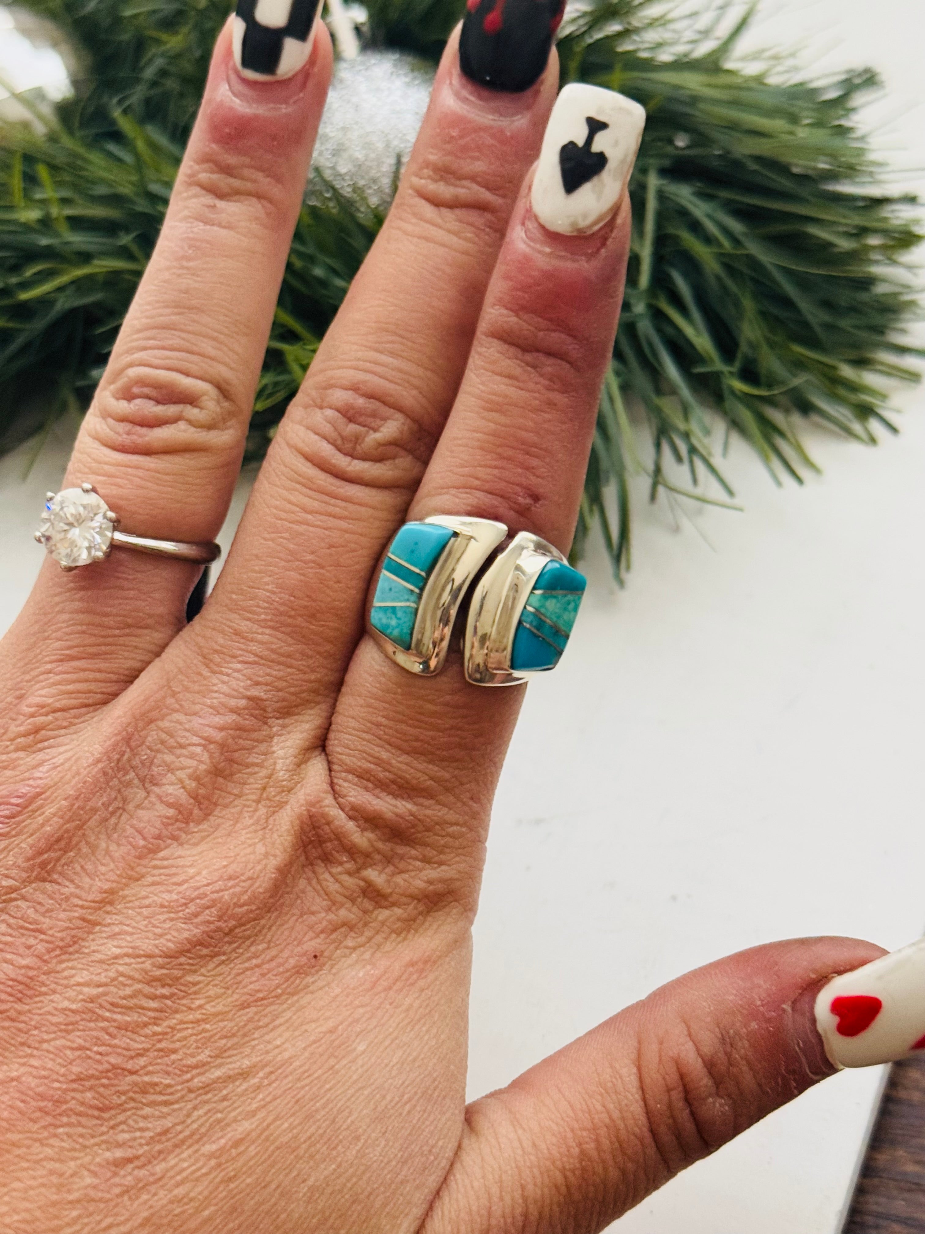 Navajo Made Kingman Turquoise & Sterling Silver Adjustable Inlay Ring