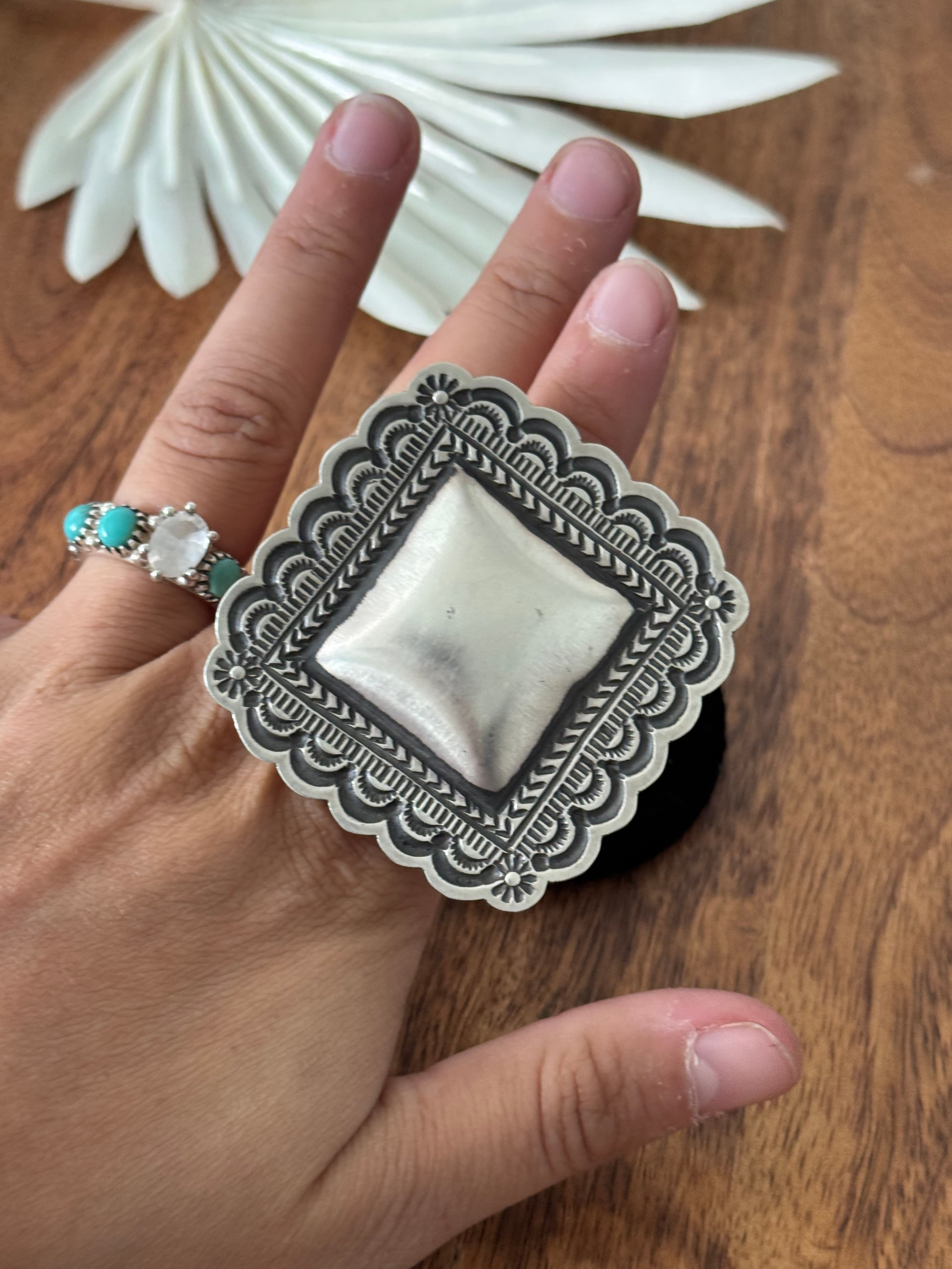 Leander Tahe Sterling Silver Concho Adjustable Ring