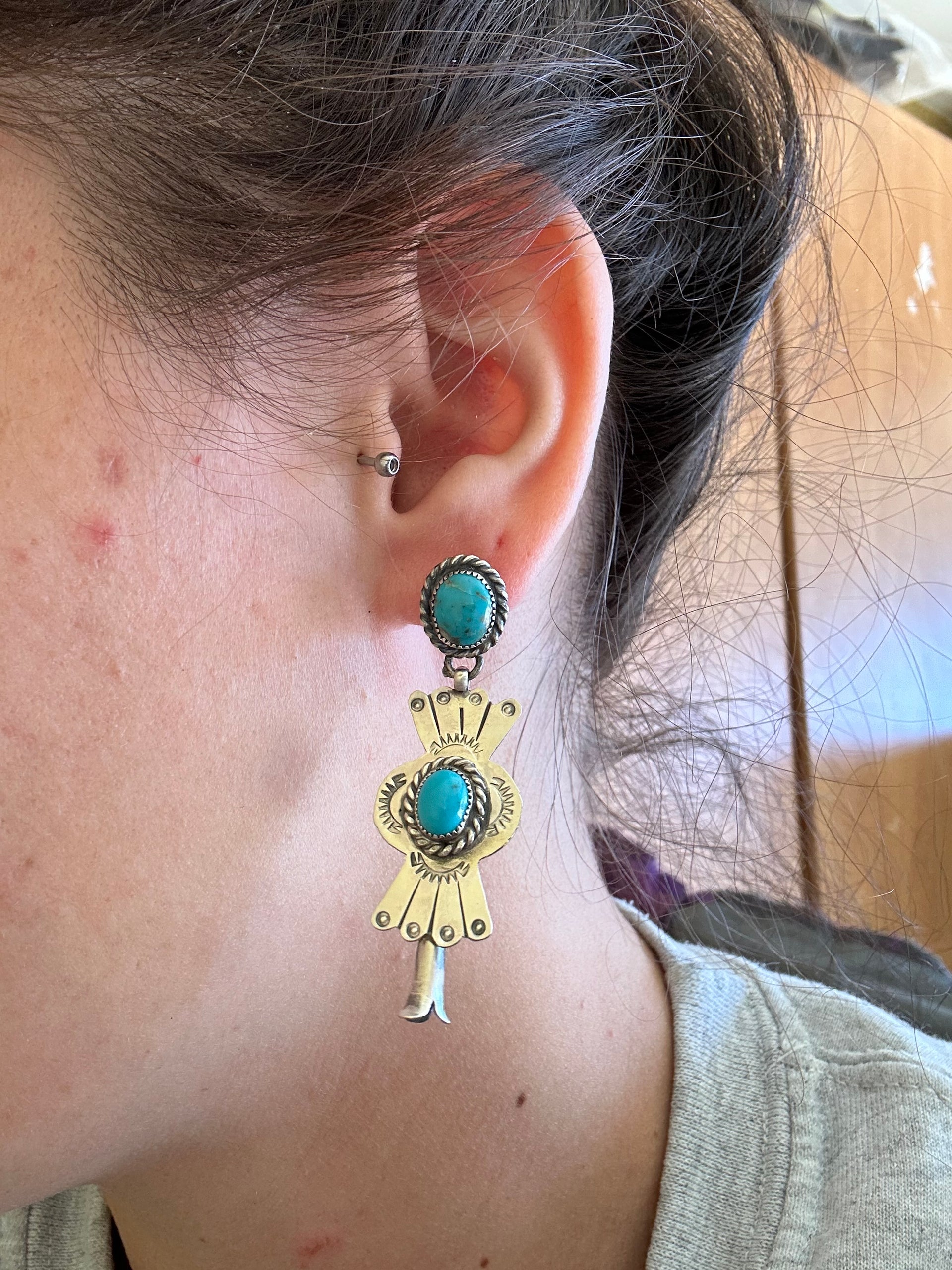 Navajo Made Kingman Turquoise & Sterling Silver Post Dangle Earrings