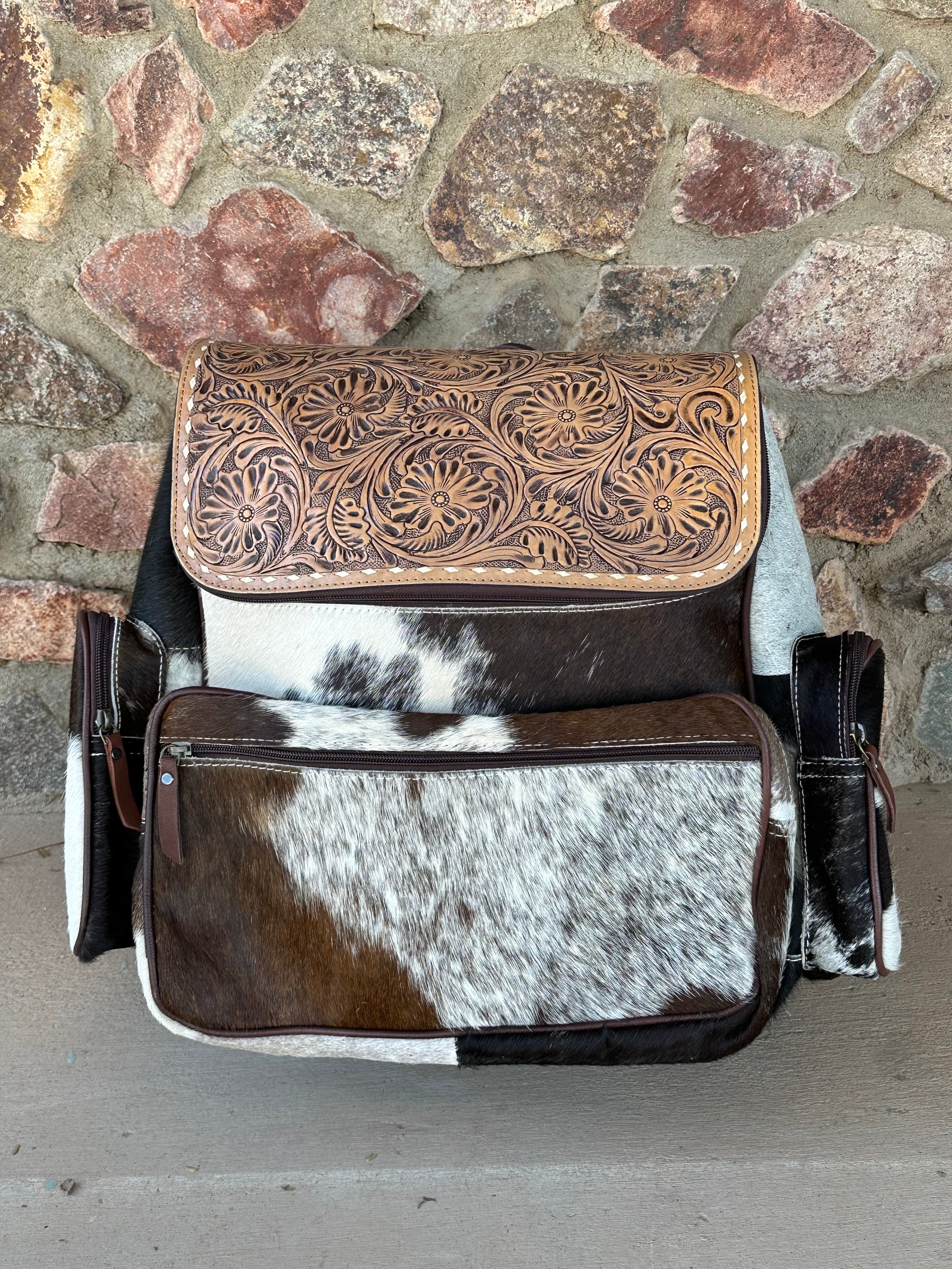 Genuine Tooled Leather Cowhide Back Pack/Diaper Bag