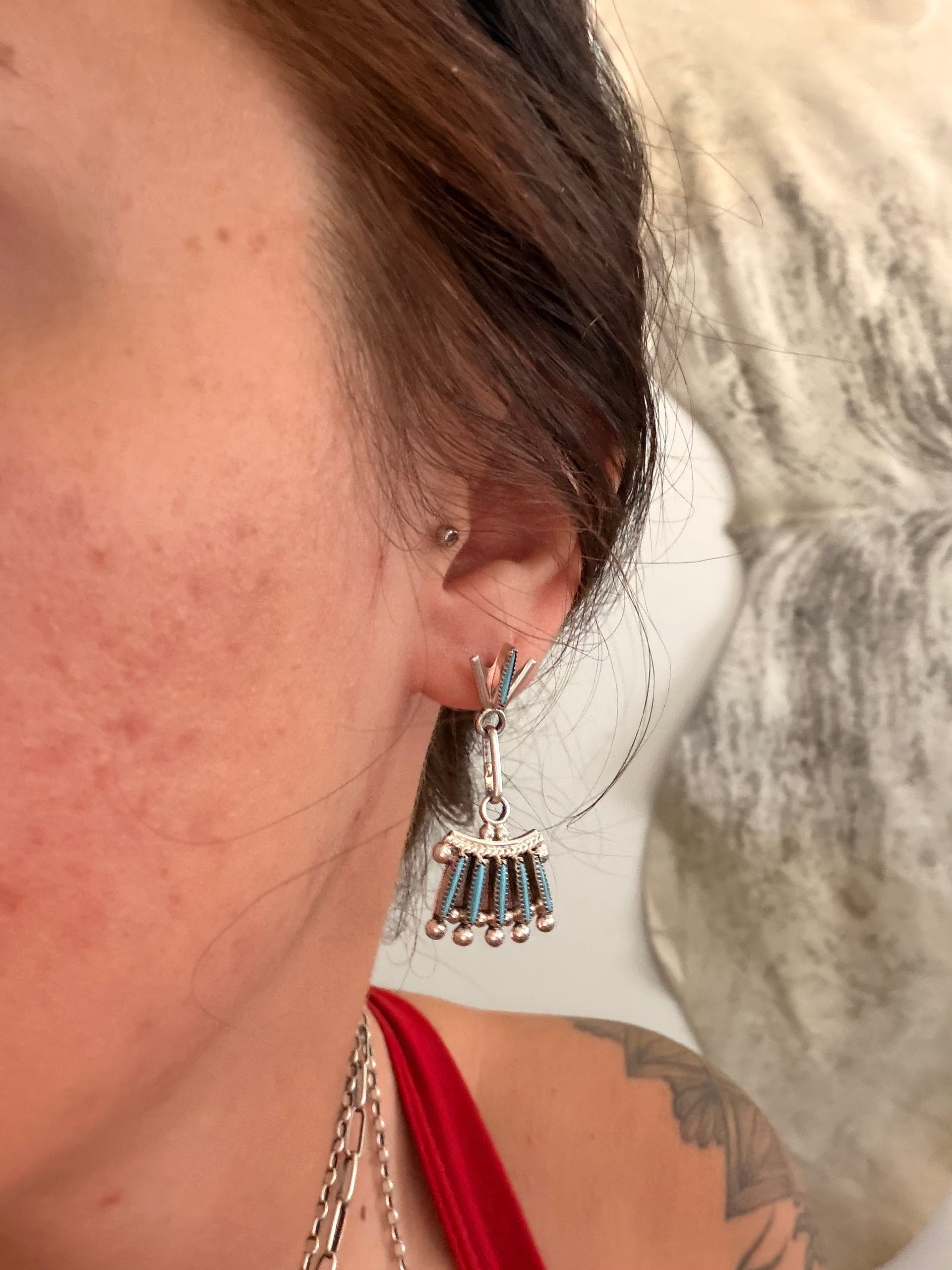 Zuni Made Turquoise & Sterling Silver Post Dangle Petite Earrings