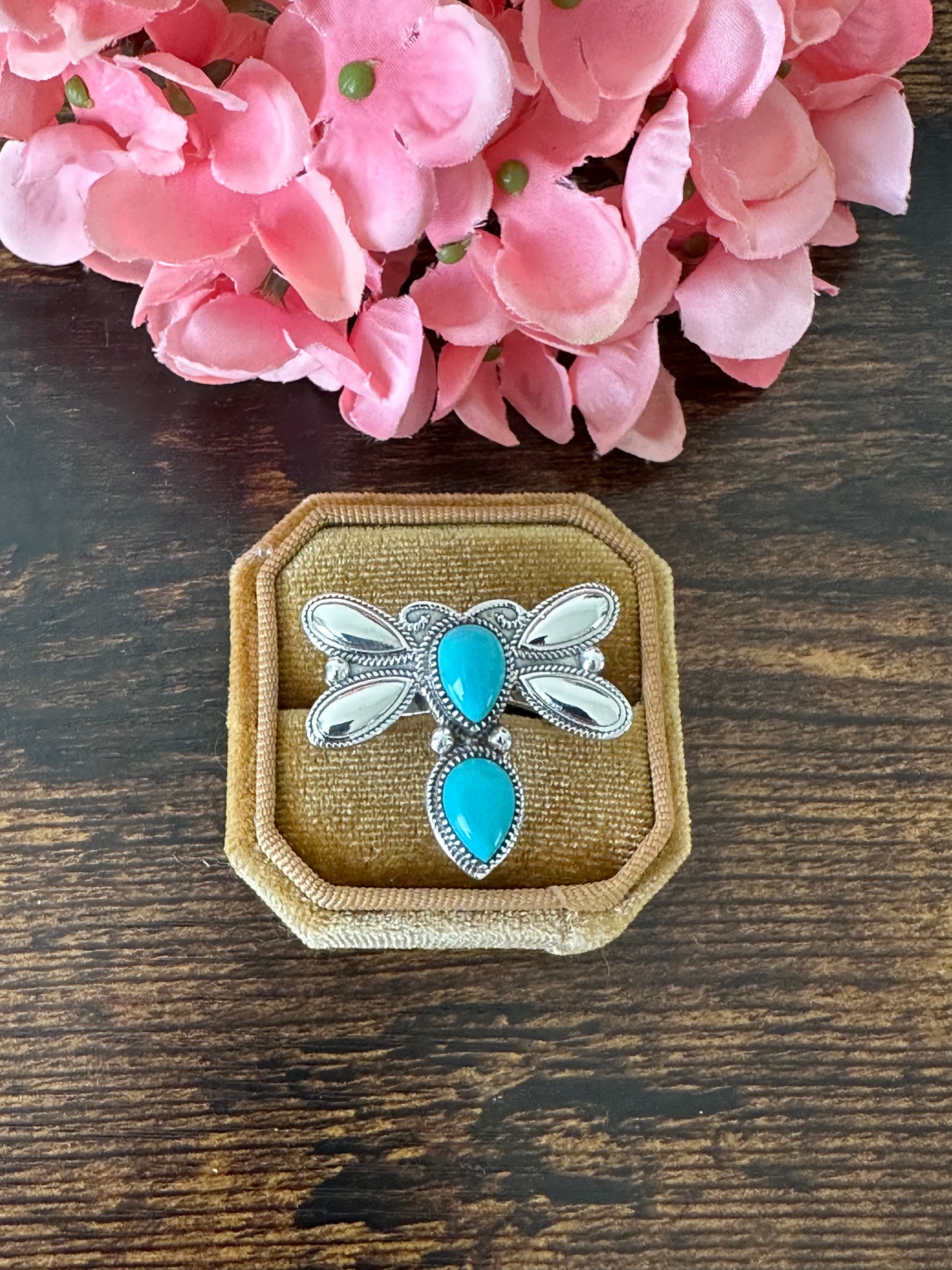 Southwest Handmade Kingman Turquoise & Sterling Silver Dragonfly Adjustable Ring