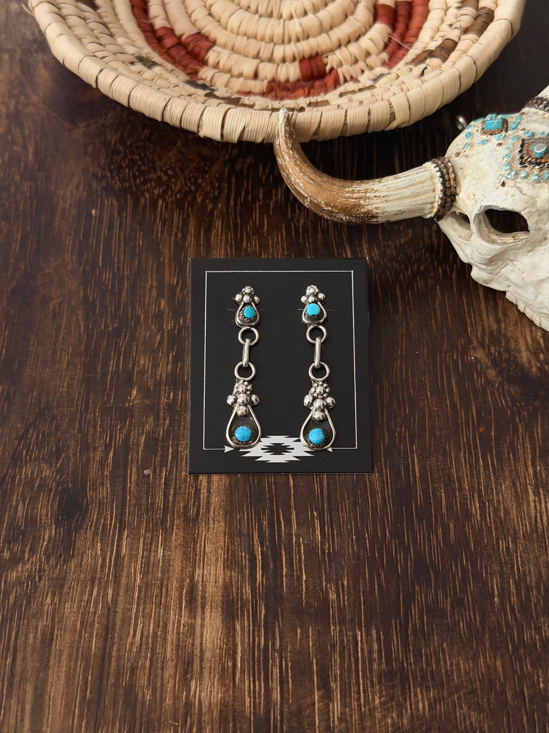 Zuni Made Kingman Turquoise & Sterling Silver Post Dangle Earrings