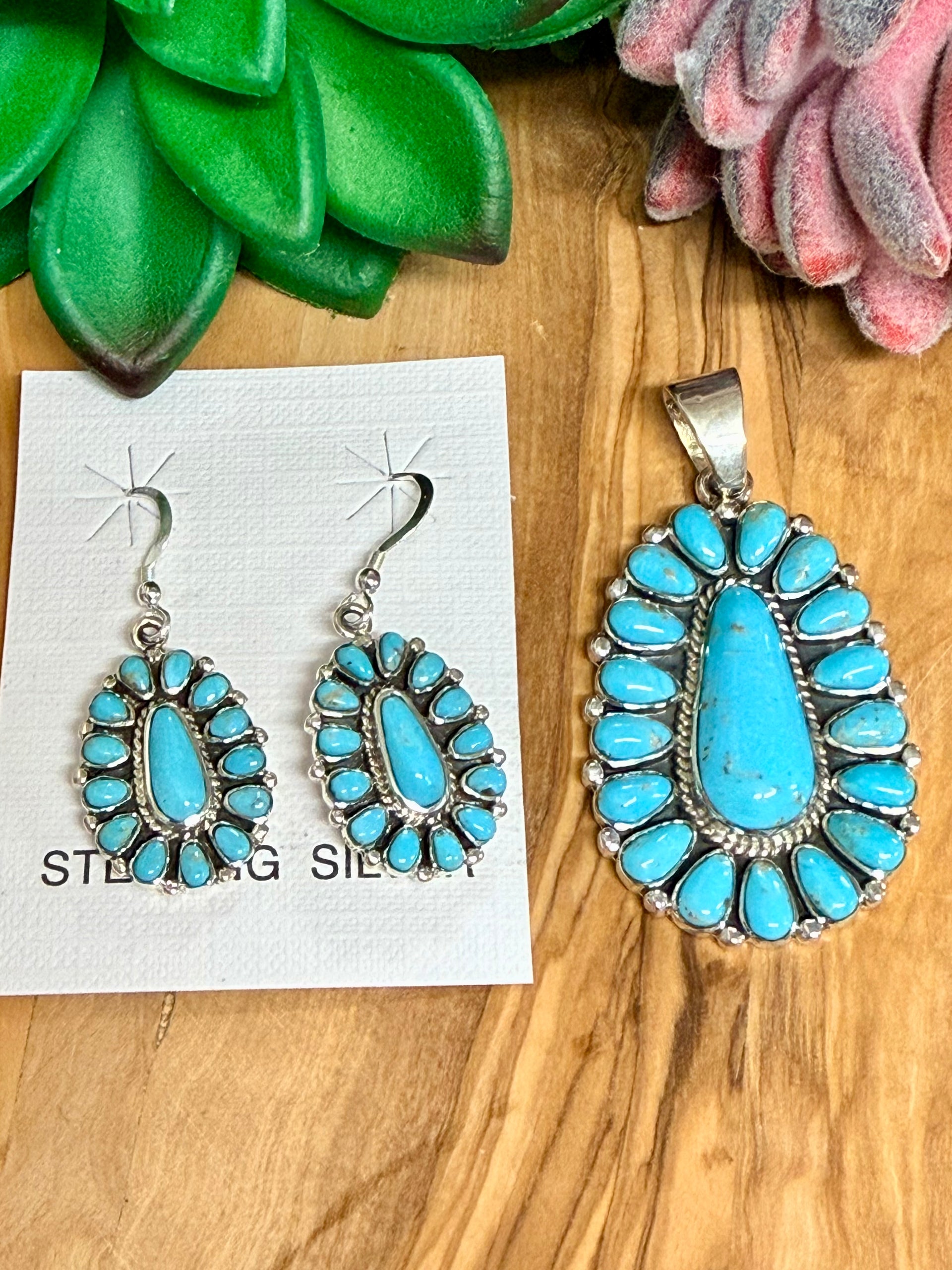 Southwest Handmade Turquoise & Sterling Silver Pendant Set