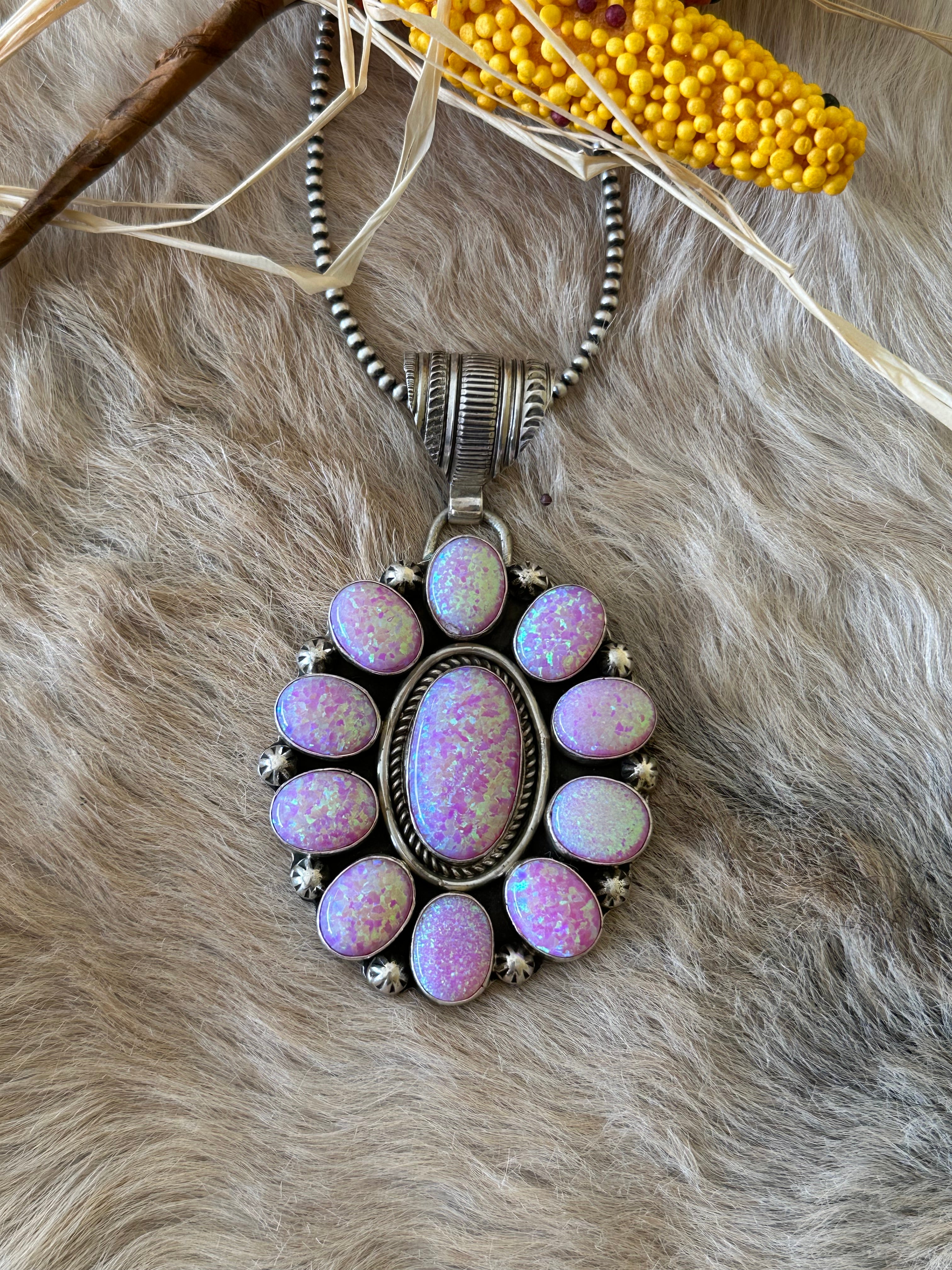 Navajo Made Purple Opal & Sterling Silver Cluster Pendant