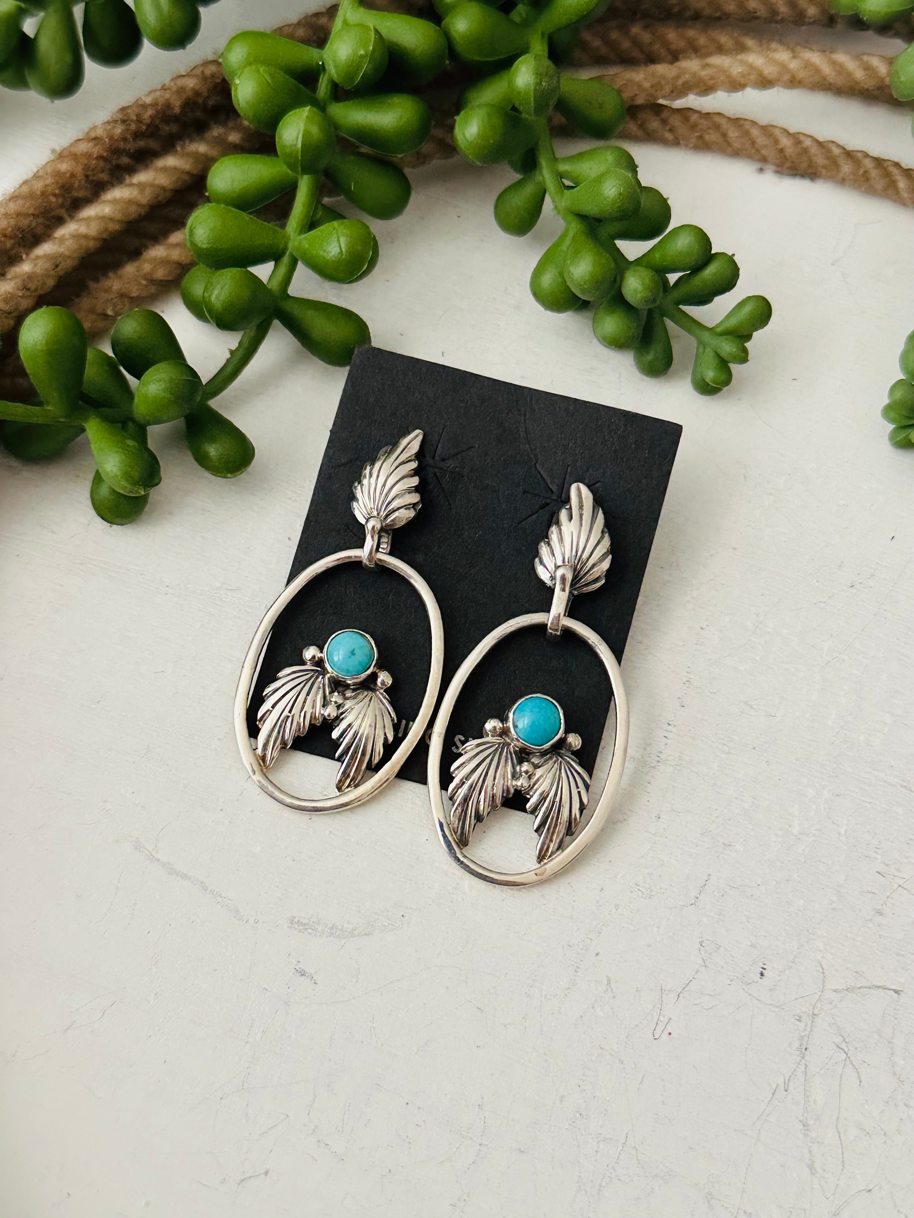 Navajo Made Kingman Turquoise & Sterling Silver Dangle Earrings