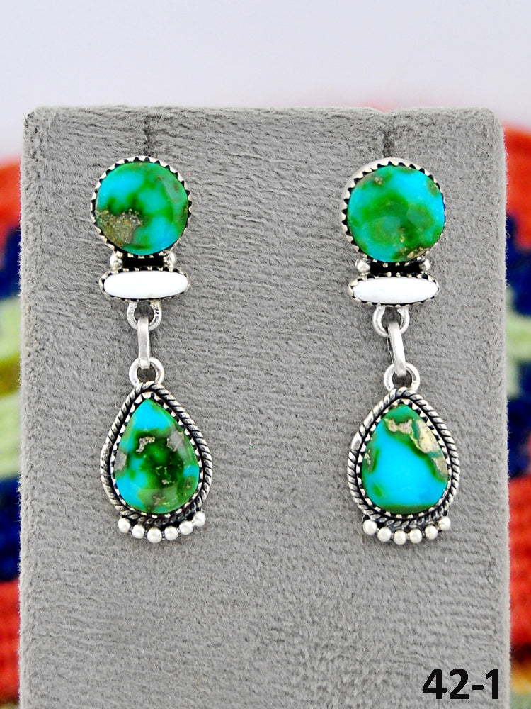 Southwest Made Sonoran Turquoise with White Buffalo & Sterling Silver Post Dangle Earrings