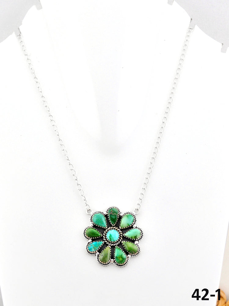 Southwest Made Emerald Valley Turquoise & Sterling Silver cluster Necklace