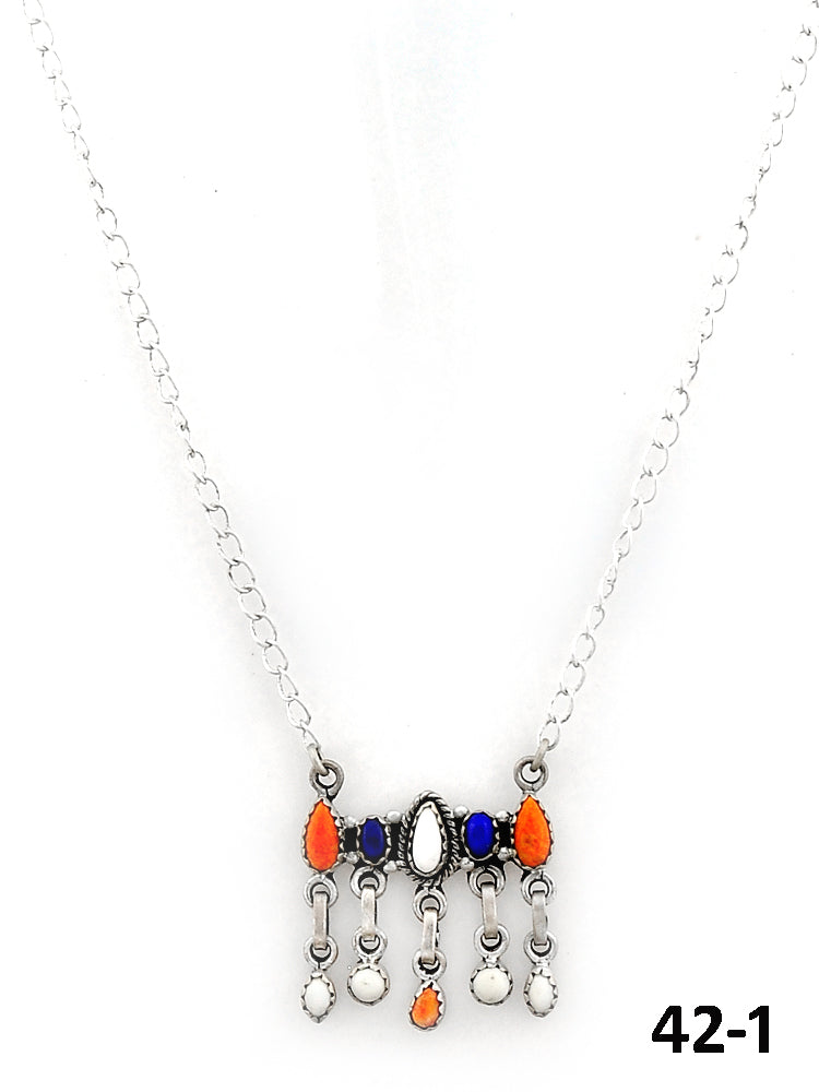 Southwest Made Lapis, White Buffalo with Orange Mohave & Sterling Silver Necklace