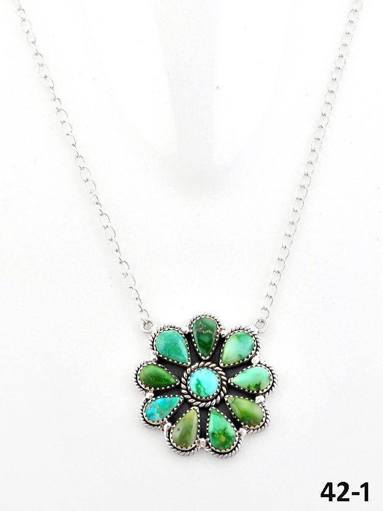 Southwest Made Emerald Valley Turquoise & Sterling Silver cluster Necklace